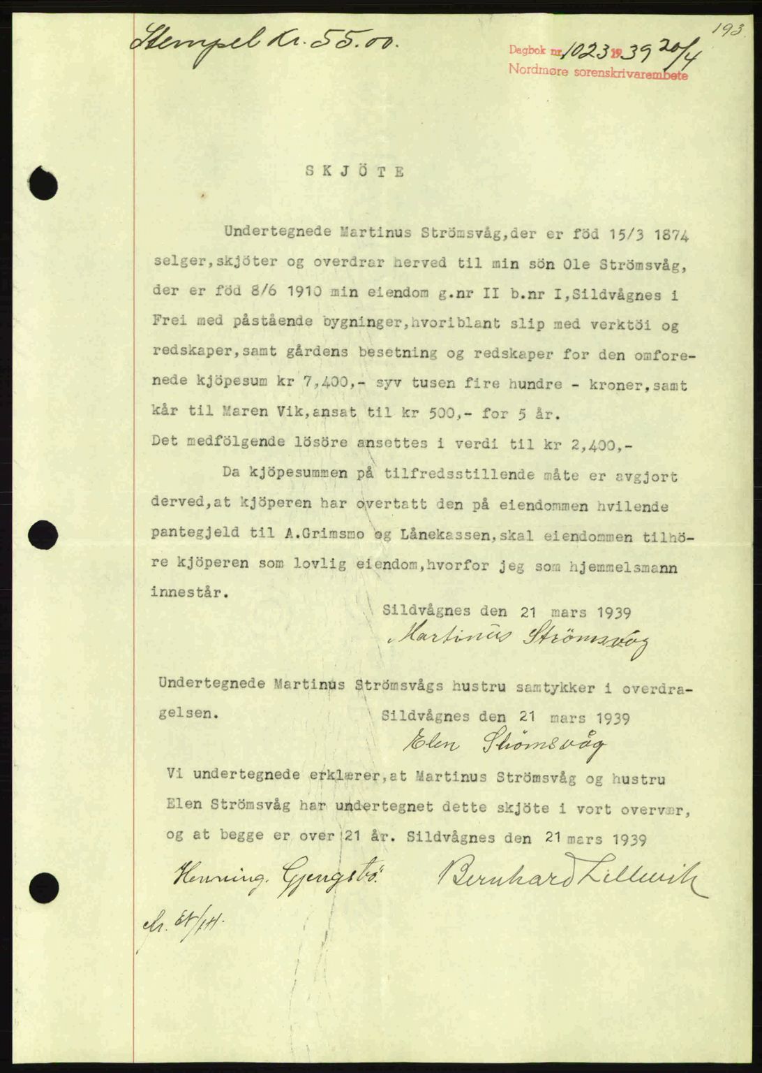 Nordmøre sorenskriveri, AV/SAT-A-4132/1/2/2Ca: Mortgage book no. A86, 1939-1939, Diary no: : 1023/1939