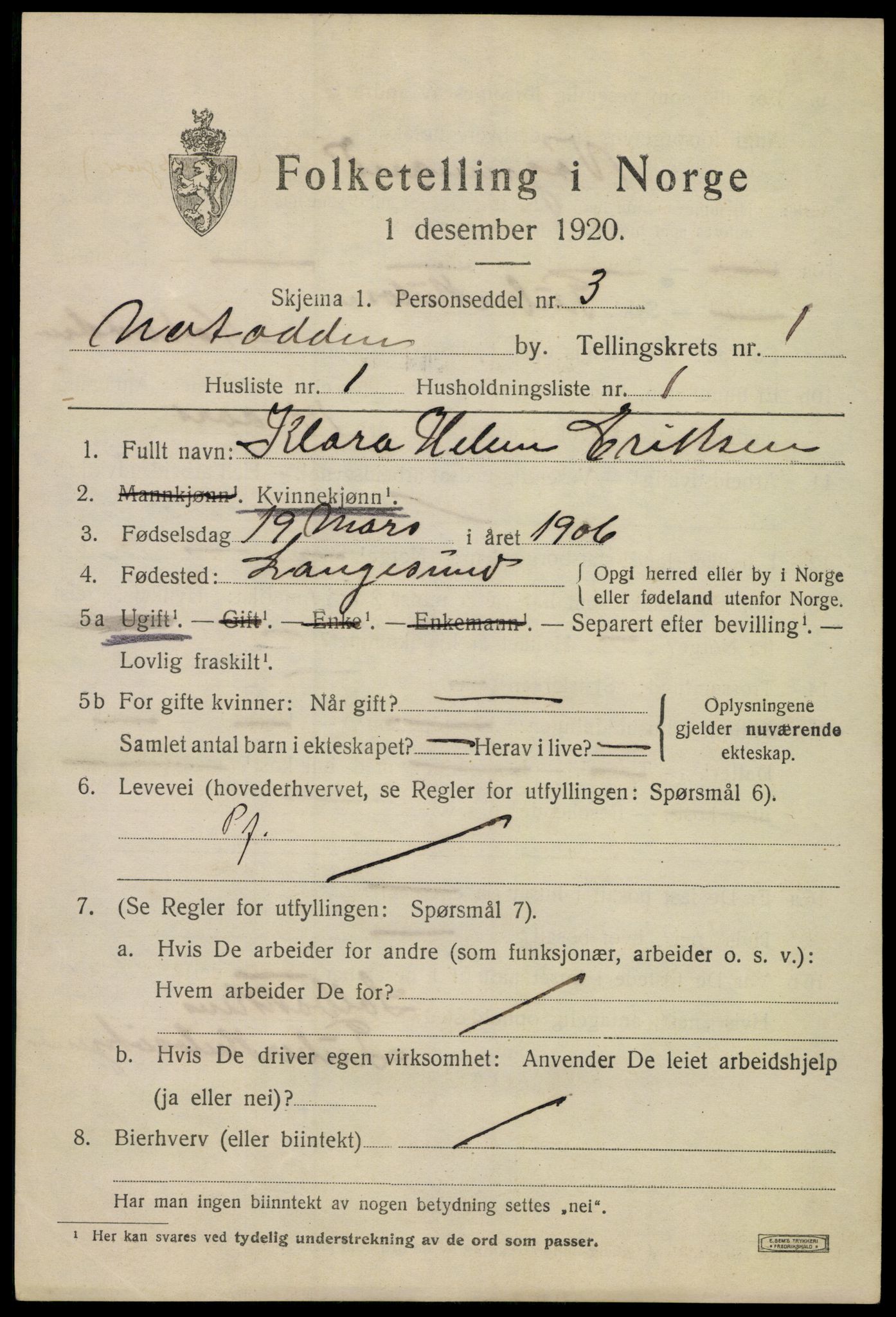 SAKO, 1920 census for Notodden, 1920, p. 4198