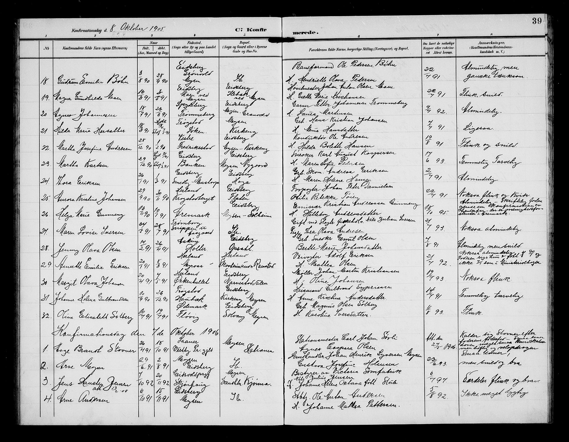 Eidsberg prestekontor Kirkebøker, AV/SAO-A-10905/G/Gb/L0001: Parish register (copy) no. II 1, 1903-1914, p. 39