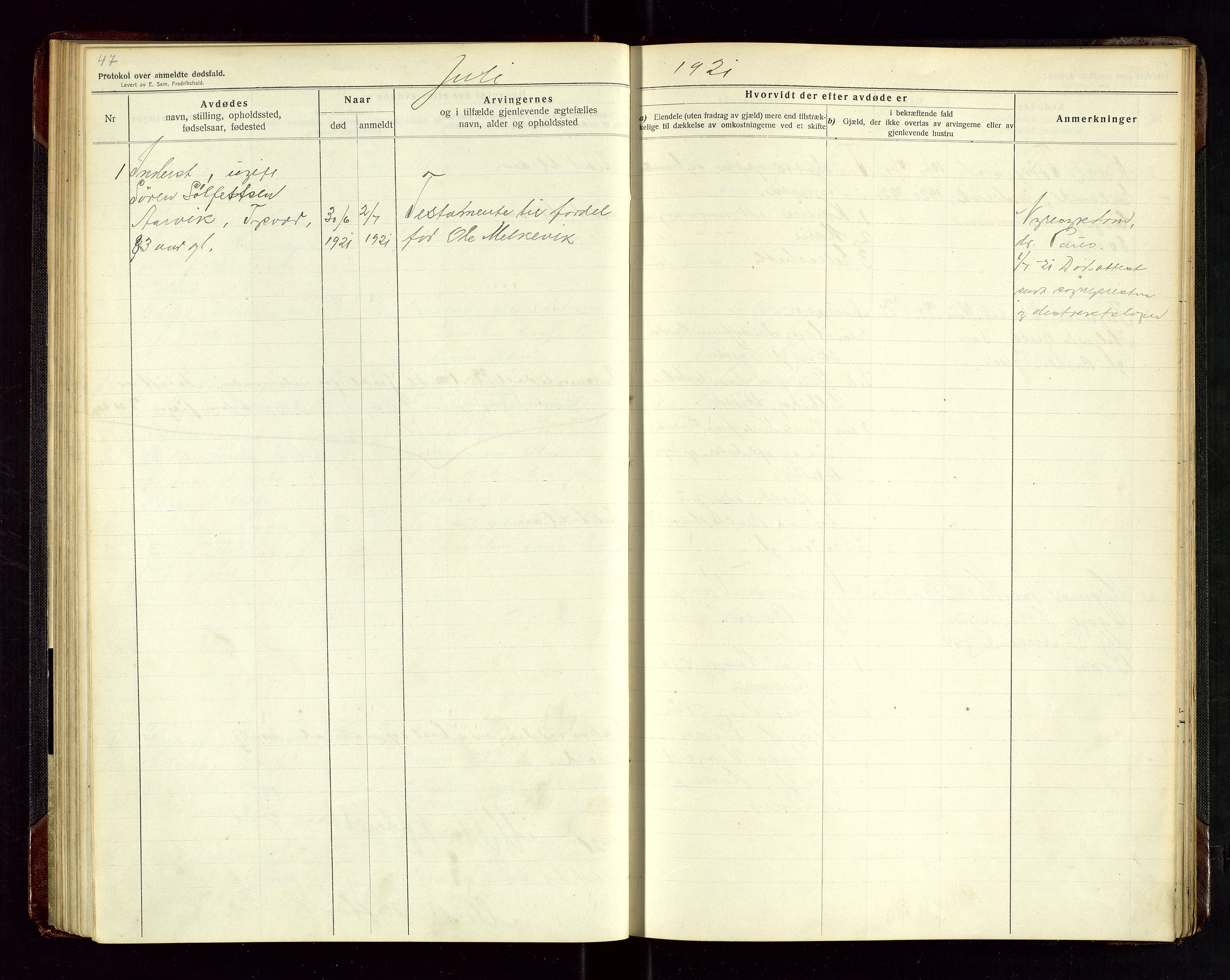 Tysvær lensmannskontor, AV/SAST-A-100192/Gga/L0003: "Protokol over anmeldte dødsfald i Tysvær" med register, 1916-1926, p. 47