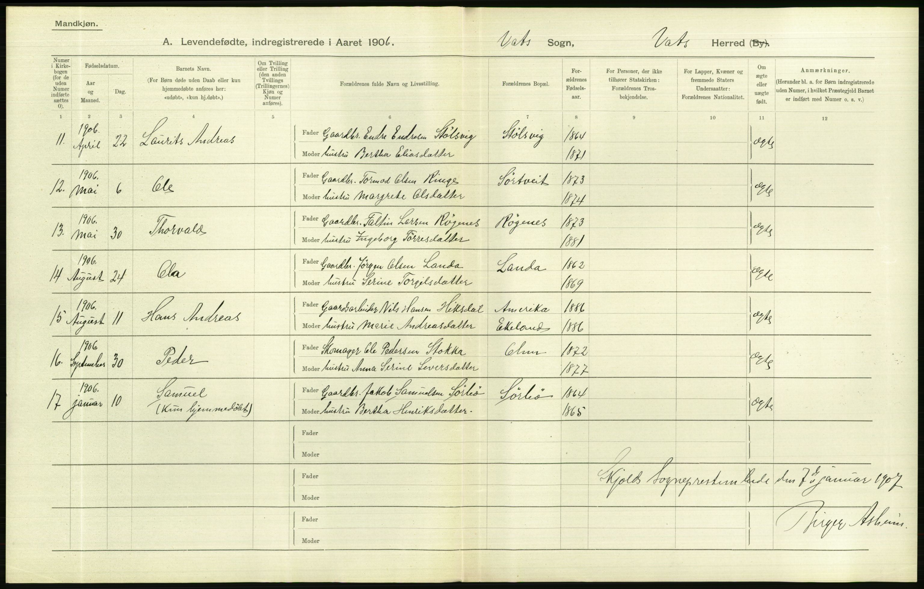 Statistisk sentralbyrå, Sosiodemografiske emner, Befolkning, AV/RA-S-2228/D/Df/Dfa/Dfad/L0025: Stavanger amt: Levendefødte menn og kvinner. Bygder., 1906, p. 278