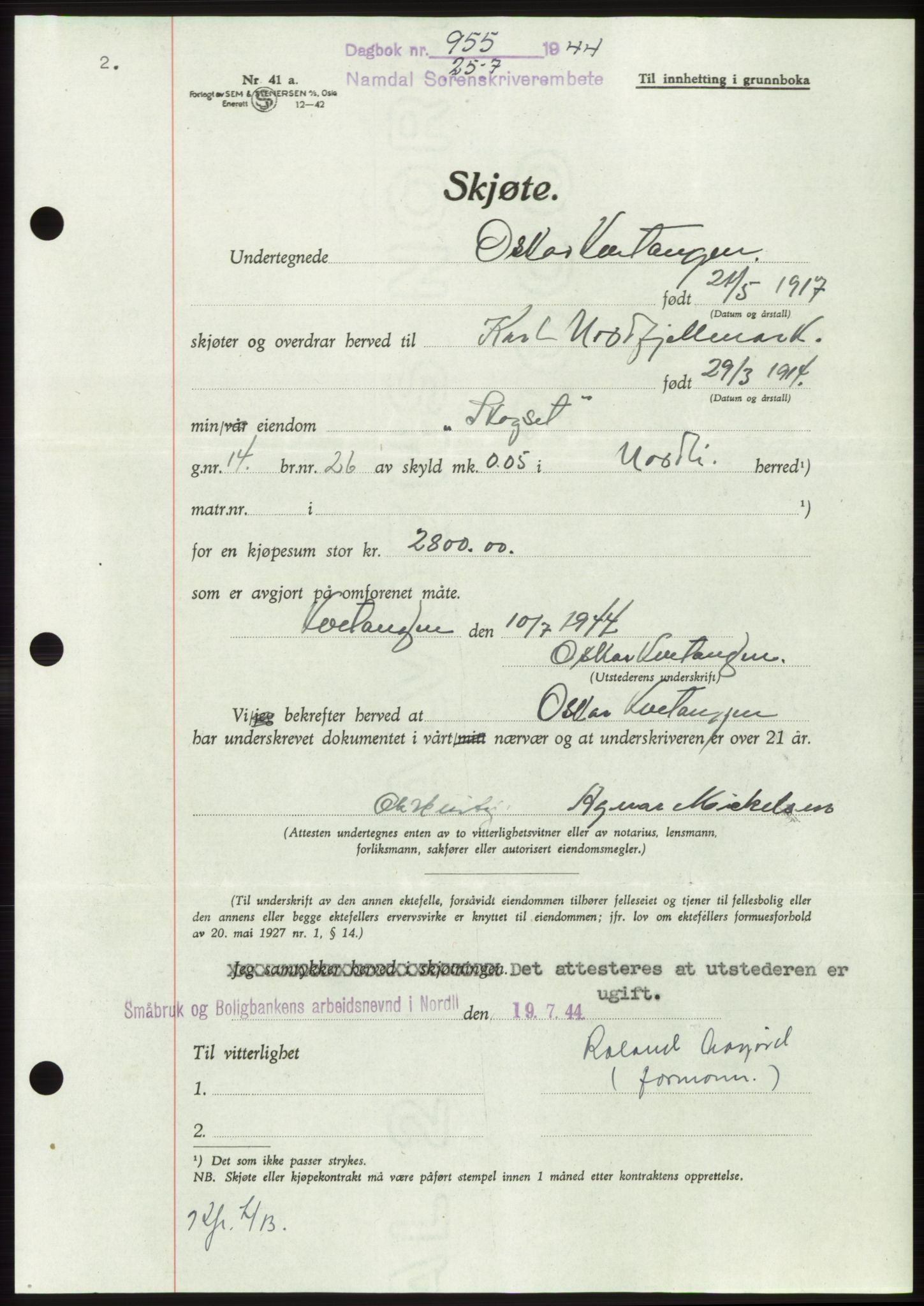 Namdal sorenskriveri, SAT/A-4133/1/2/2C: Mortgage book no. -, 1944-1945, Diary no: : 955/1944