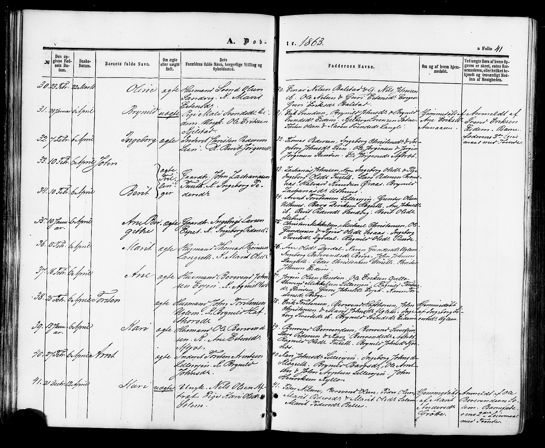 Ministerialprotokoller, klokkerbøker og fødselsregistre - Sør-Trøndelag, AV/SAT-A-1456/695/L1147: Parish register (official) no. 695A07, 1860-1877, p. 41