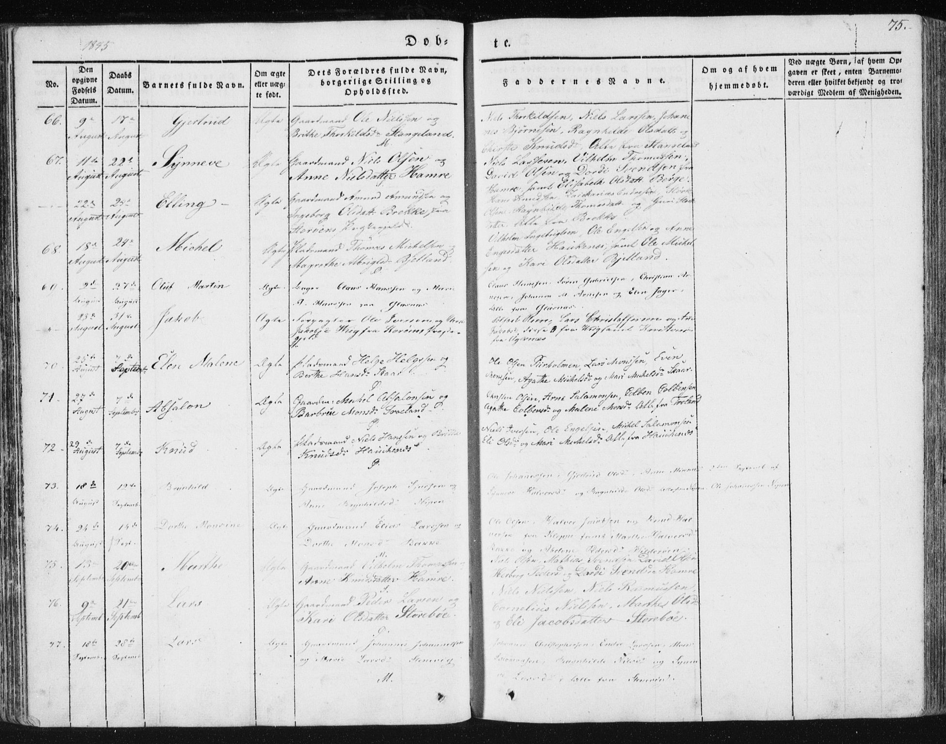 Sund sokneprestembete, AV/SAB-A-99930: Parish register (official) no. A 13, 1835-1849, p. 75