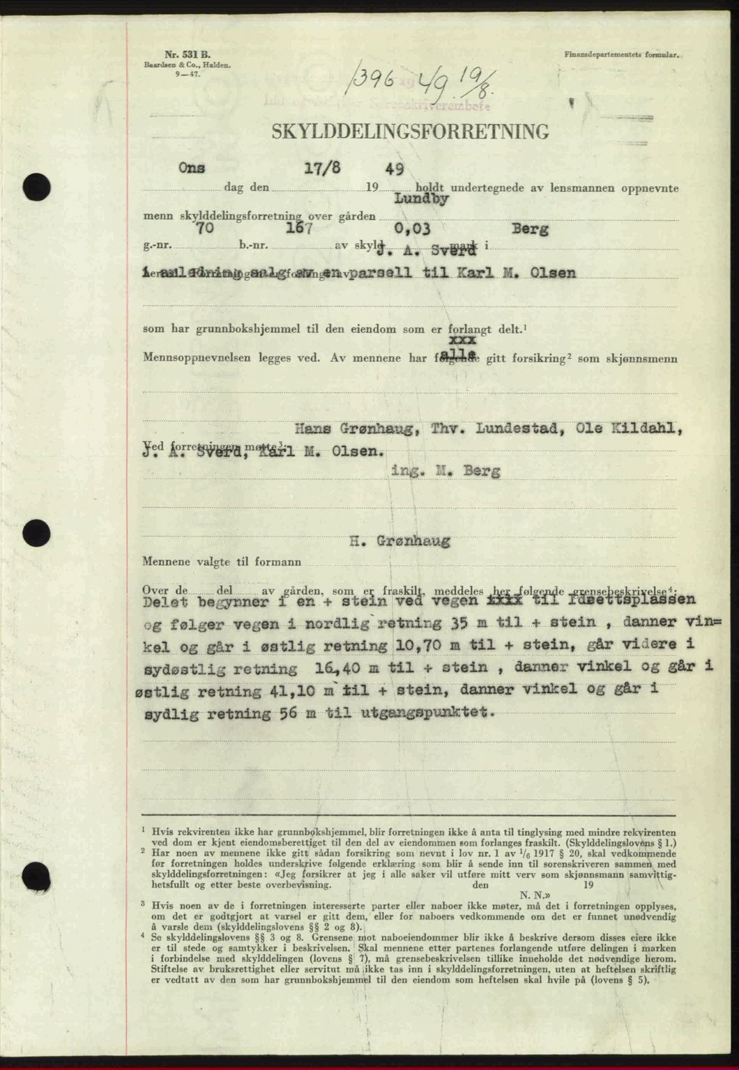 Idd og Marker sorenskriveri, AV/SAO-A-10283/G/Gb/Gbb/L0012: Mortgage book no. A12, 1949-1949, Diary no: : 1396/1949