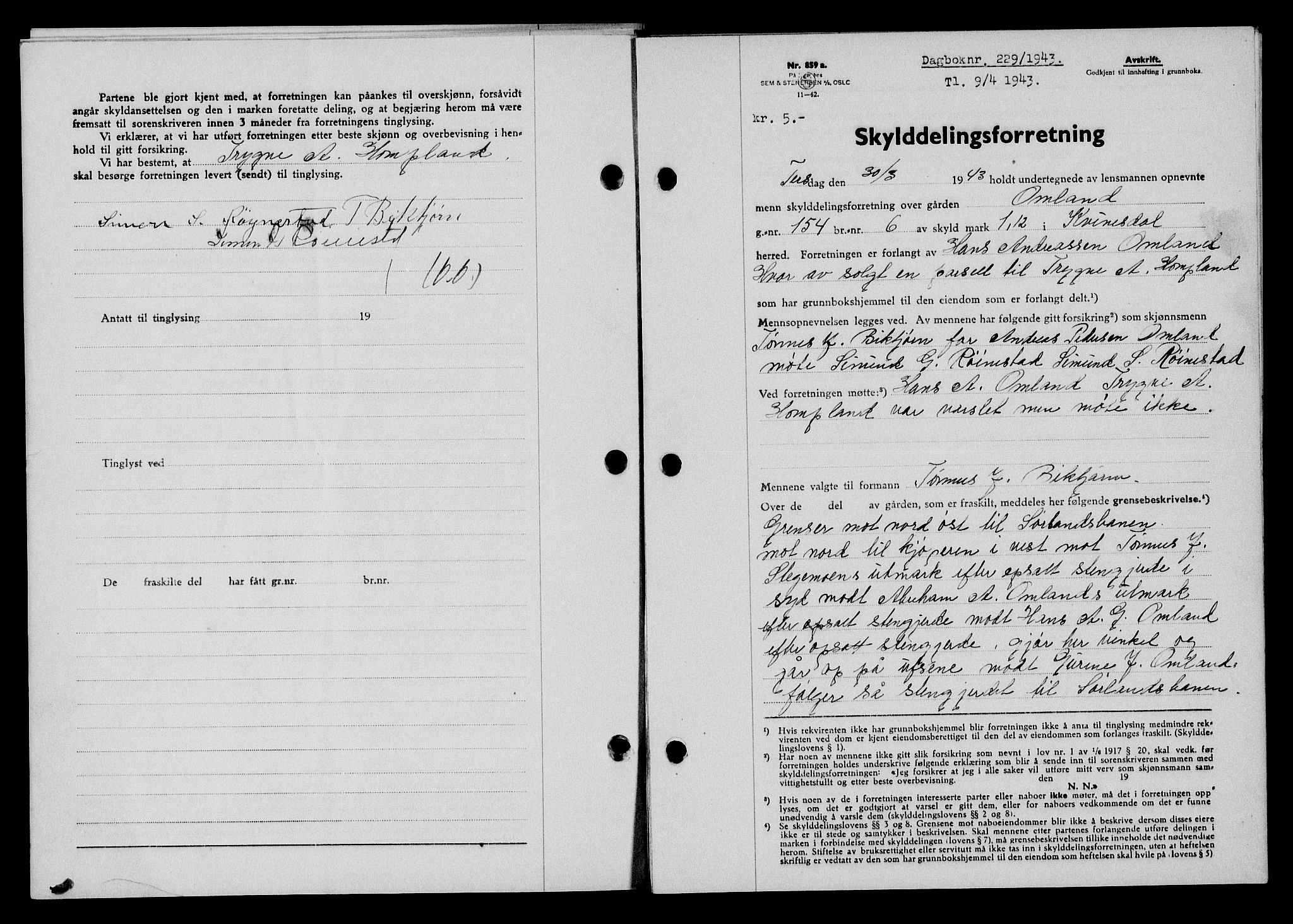 Flekkefjord sorenskriveri, SAK/1221-0001/G/Gb/Gba/L0058: Mortgage book no. A-6, 1942-1944, Diary no: : 229/1943