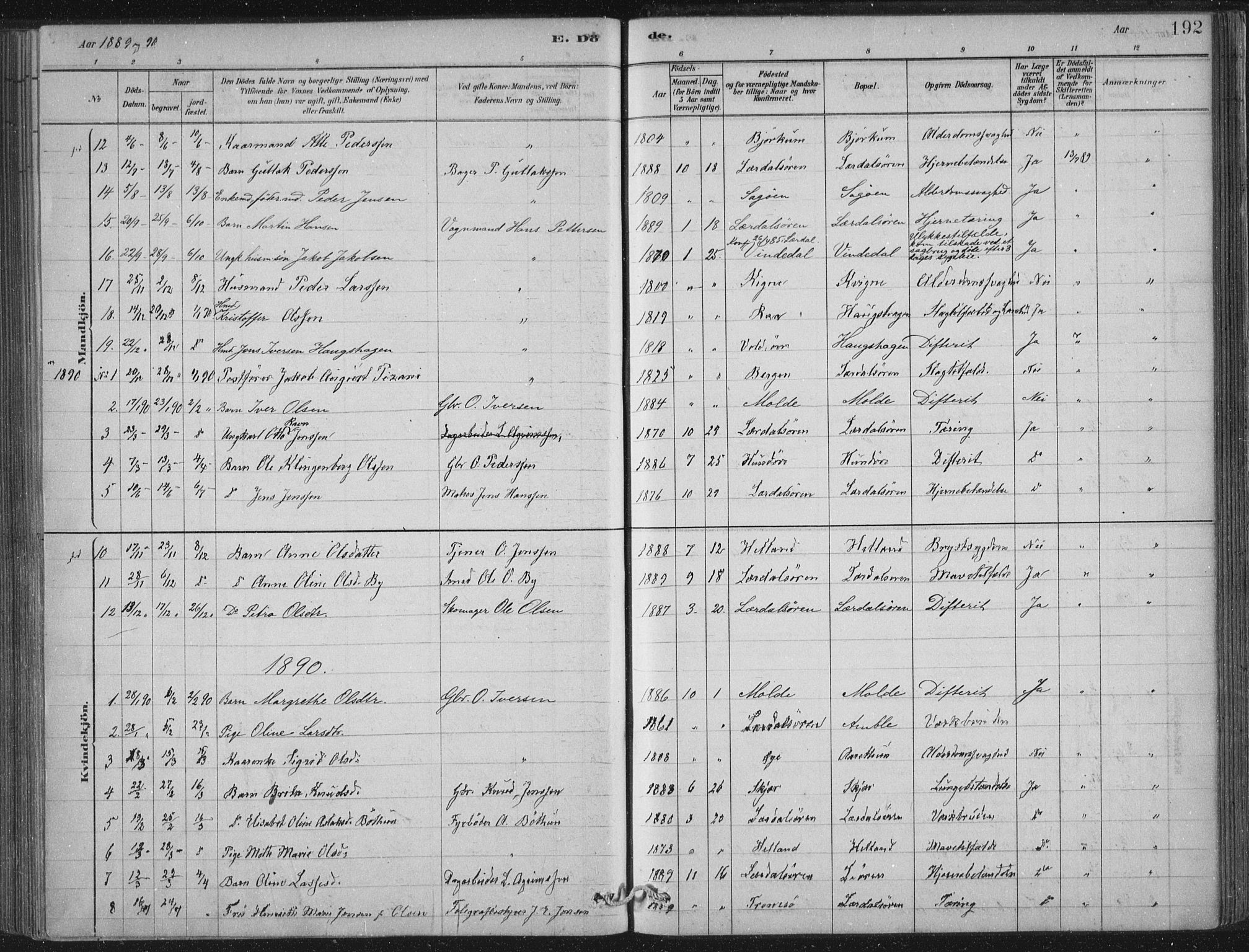 Lærdal sokneprestembete, SAB/A-81201: Parish register (official) no. D  1, 1878-1908, p. 192