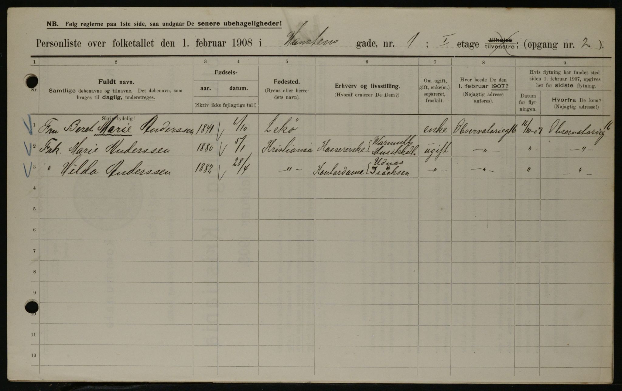 OBA, Municipal Census 1908 for Kristiania, 1908, p. 31317