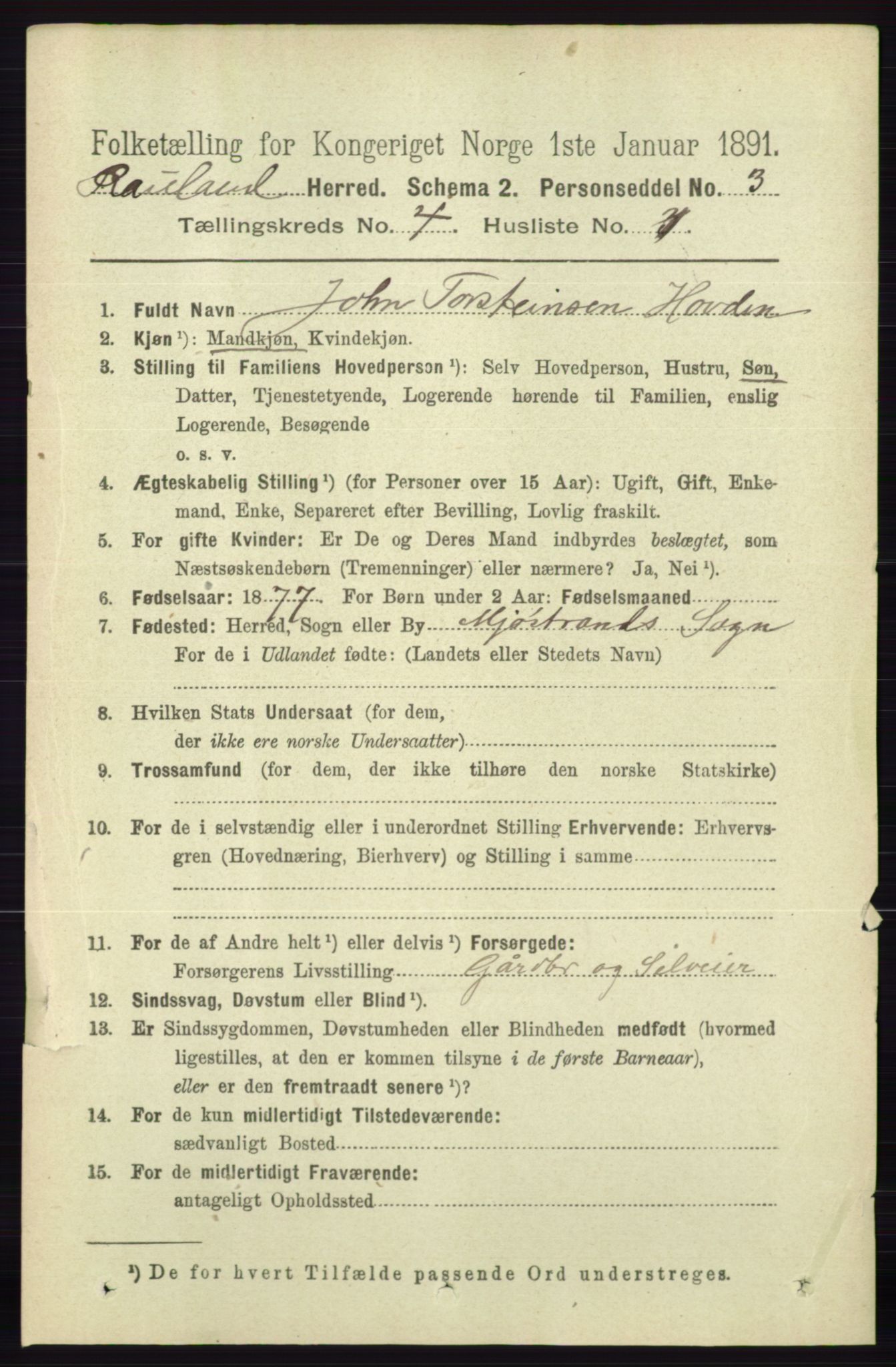 RA, 1891 census for 0835 Rauland, 1891, p. 1014