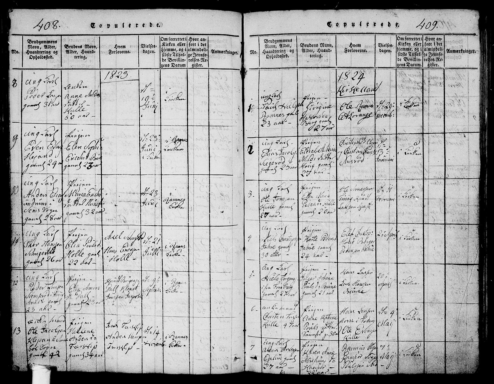 Ramnes kirkebøker, AV/SAKO-A-314/G/Ga/L0001: Parish register (copy) no. I 1, 1813-1847, p. 408-409