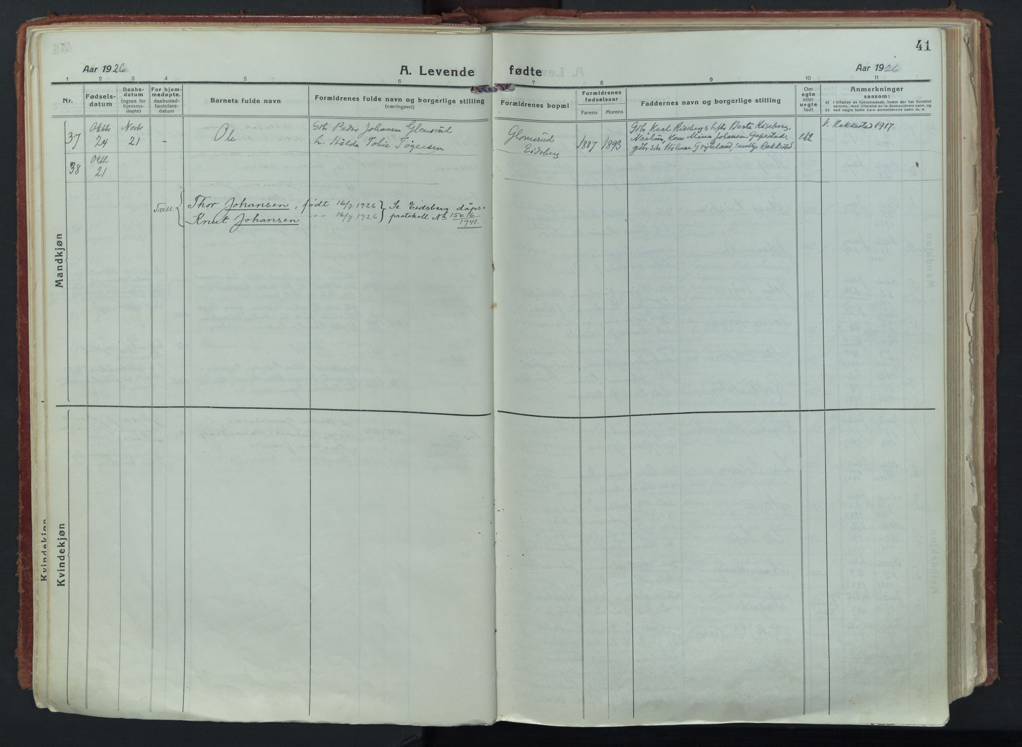 Eidsberg prestekontor Kirkebøker, SAO/A-10905/F/Fa/L0015: Parish register (official) no. I 15, 1920-1937, p. 41