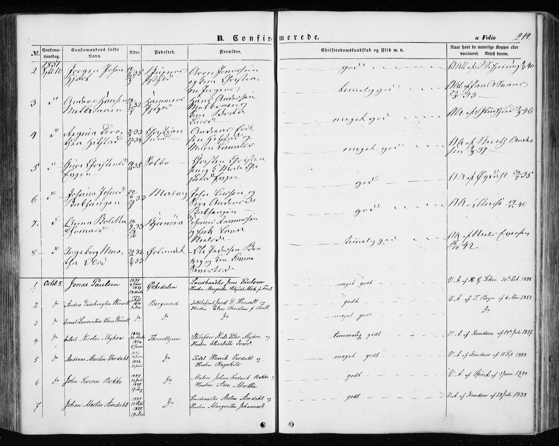 Ministerialprotokoller, klokkerbøker og fødselsregistre - Sør-Trøndelag, AV/SAT-A-1456/601/L0051: Parish register (official) no. 601A19, 1848-1857, p. 214