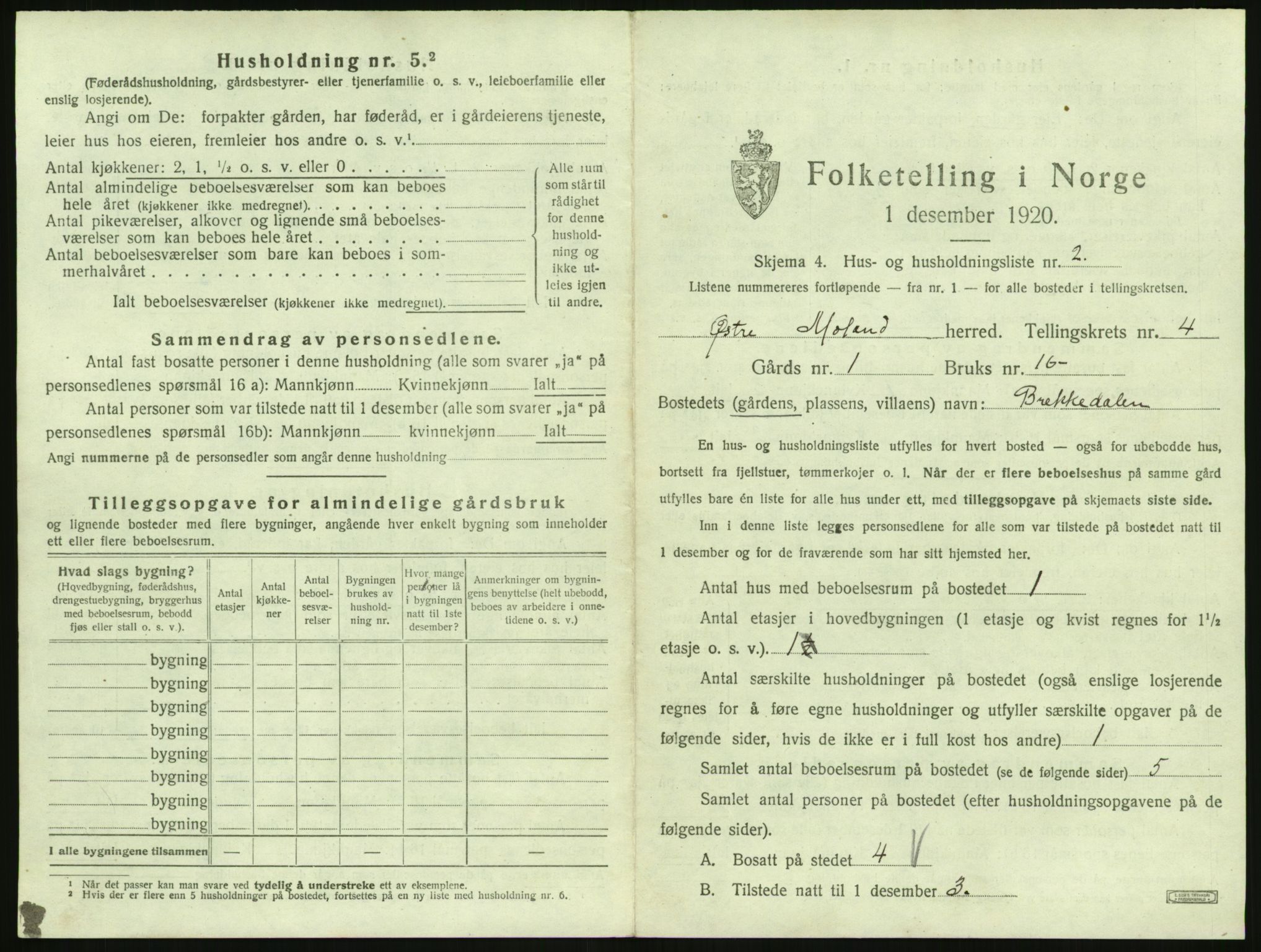 SAK, 1920 census for Austre Moland, 1920, p. 311