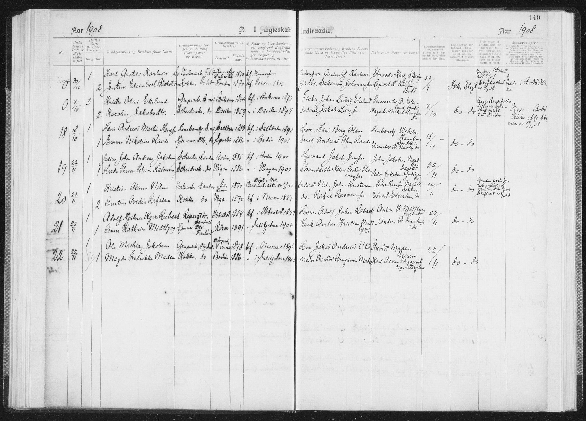 Ministerialprotokoller, klokkerbøker og fødselsregistre - Nordland, SAT/A-1459/850/L0711: Curate's parish register no. 850B01, 1902-1915, p. 140