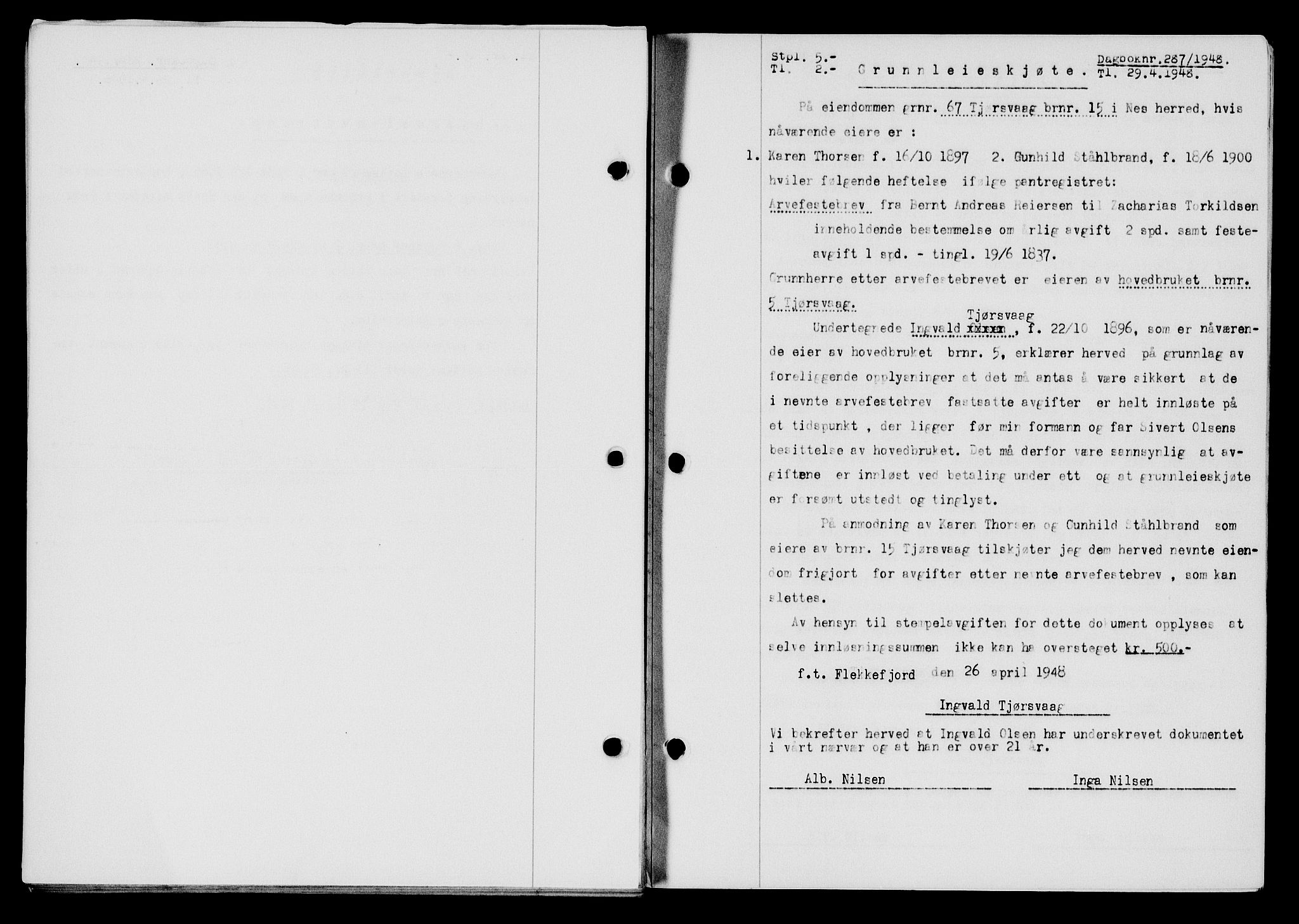 Flekkefjord sorenskriveri, SAK/1221-0001/G/Gb/Gba/L0063: Mortgage book no. A-11, 1947-1948, Diary no: : 287/1948