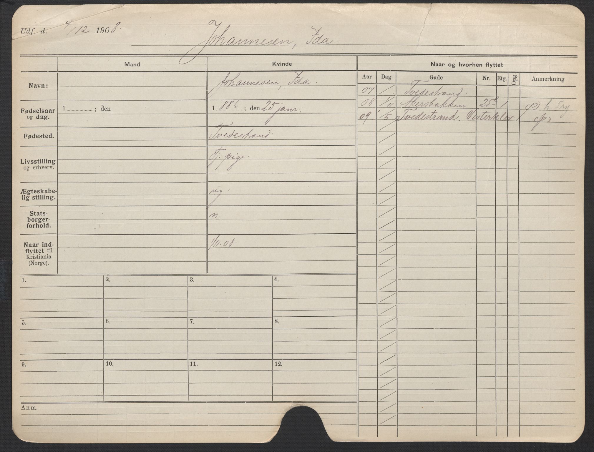 Oslo folkeregister, Registerkort, SAO/A-11715/F/Fa/Fac/L0018: Kvinner, 1906-1914, p. 75a