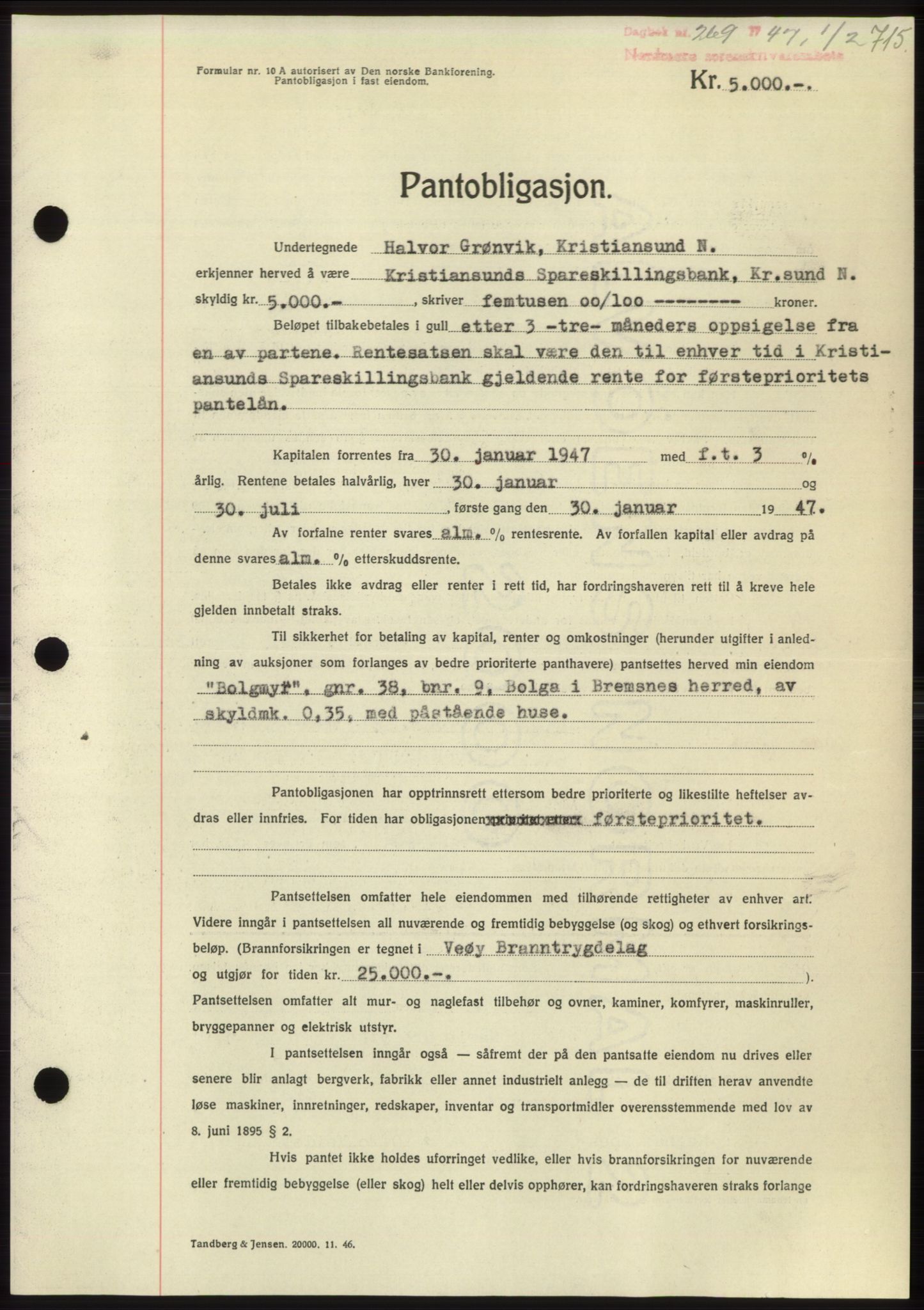 Nordmøre sorenskriveri, AV/SAT-A-4132/1/2/2Ca: Mortgage book no. B95, 1946-1947, Diary no: : 269/1947