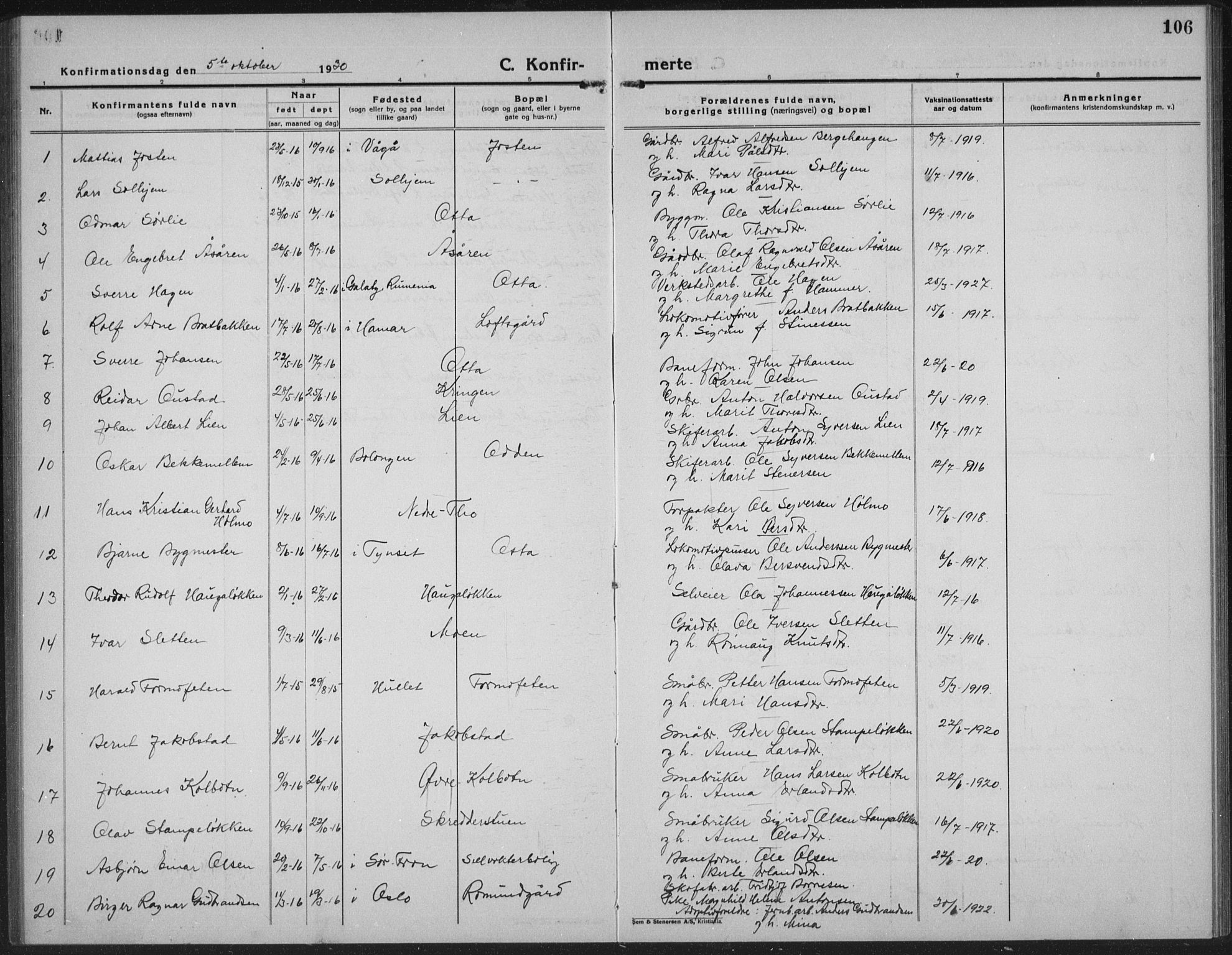 Sel prestekontor, SAH/PREST-074/H/Ha/Hab/L0002: Parish register (copy) no. 2, 1923-1939, p. 106