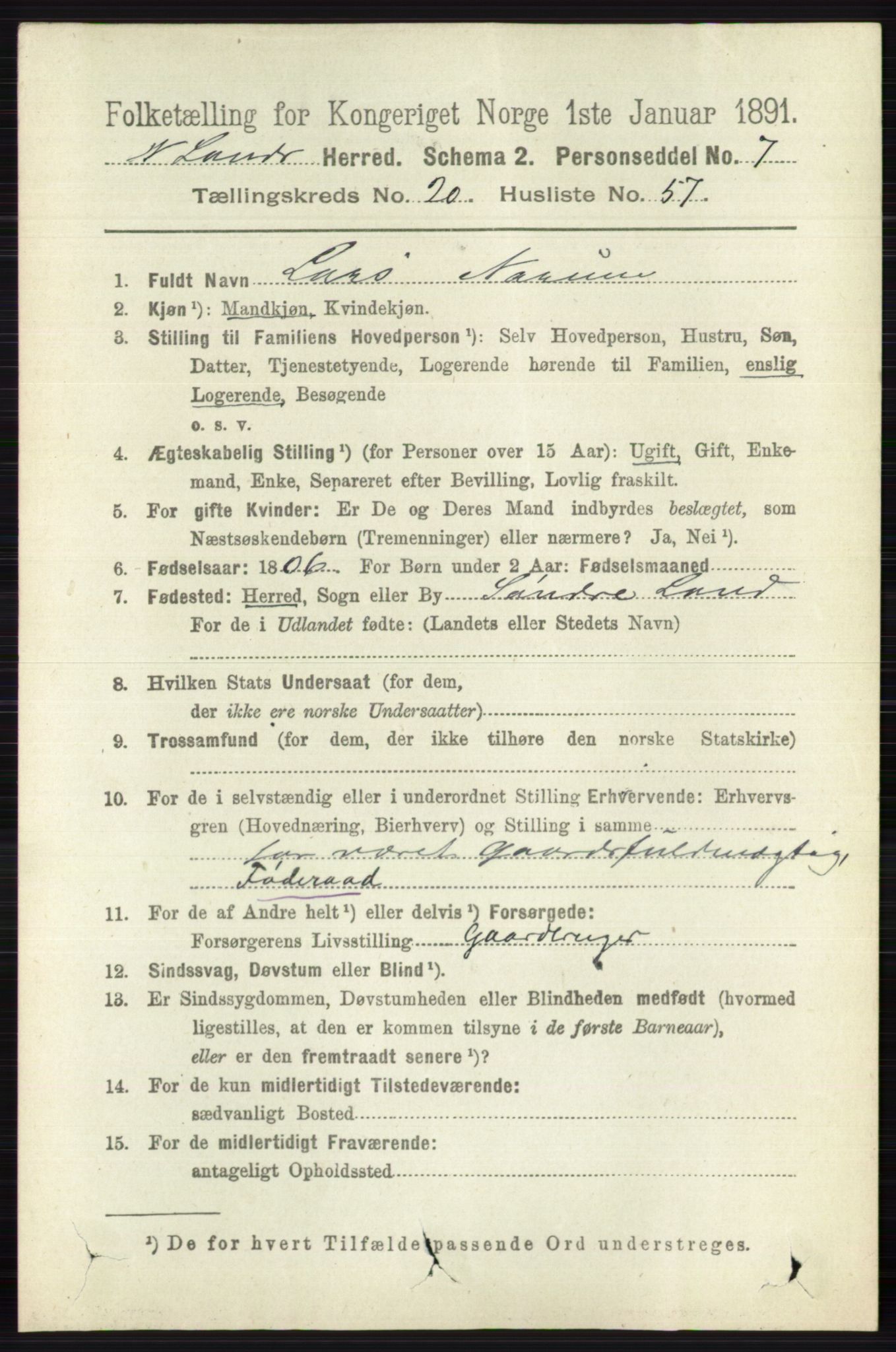 RA, 1891 census for 0538 Nordre Land, 1891, p. 5213