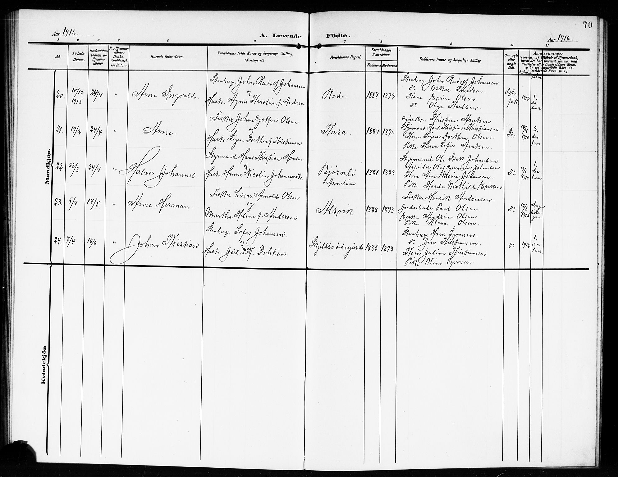 Hvaler prestekontor Kirkebøker, AV/SAO-A-2001/G/Gb/L0003: Parish register (copy) no. II 3, 1904-1917, p. 70