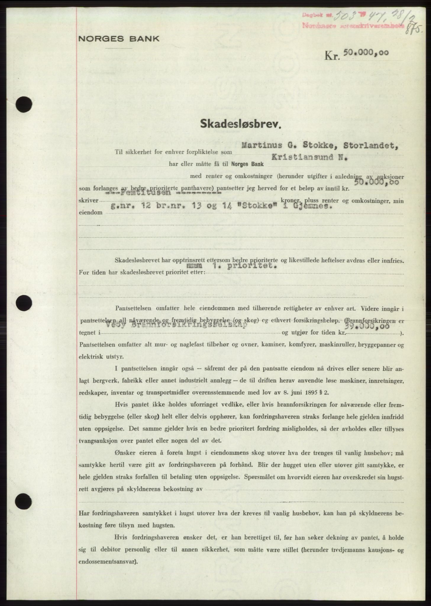 Nordmøre sorenskriveri, AV/SAT-A-4132/1/2/2Ca: Mortgage book no. B95, 1946-1947, Diary no: : 503/1947