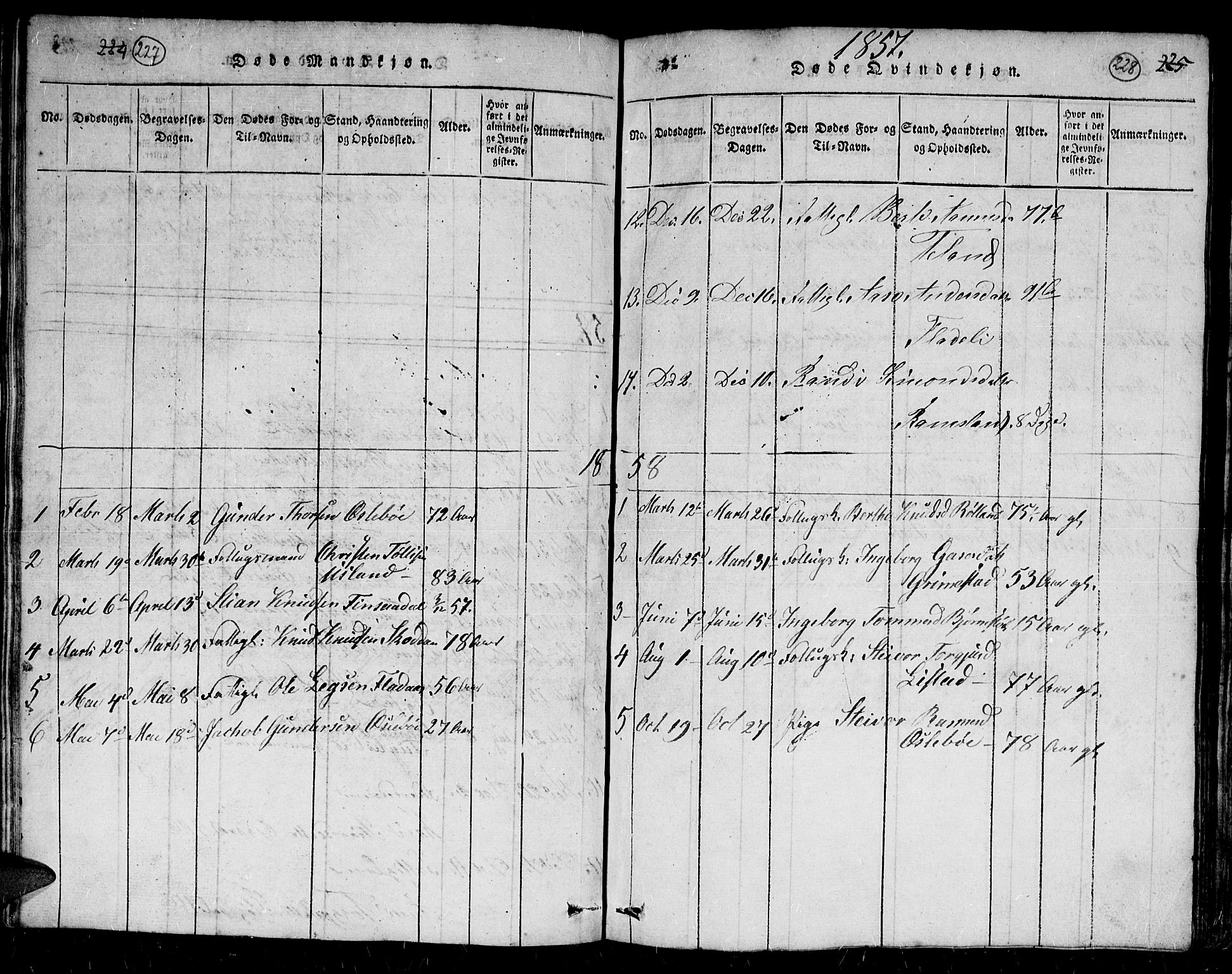 Holum sokneprestkontor, AV/SAK-1111-0022/F/Fb/Fbc/L0001: Parish register (copy) no. B 1, 1820-1859, p. 227-228