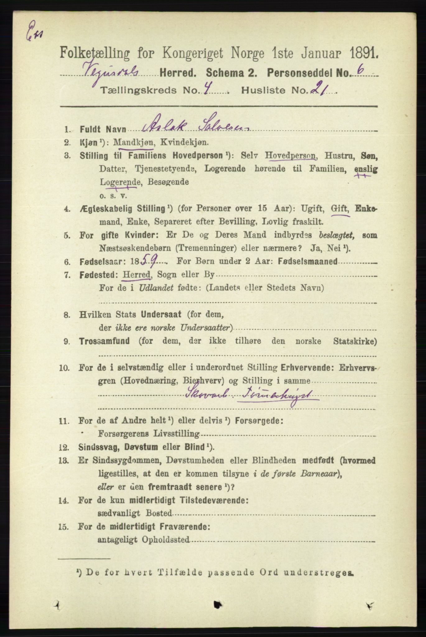 RA, Census 1891 for Nedenes amt: Gjenparter av personsedler for beslektede ektefeller, menn, 1891, p. 922