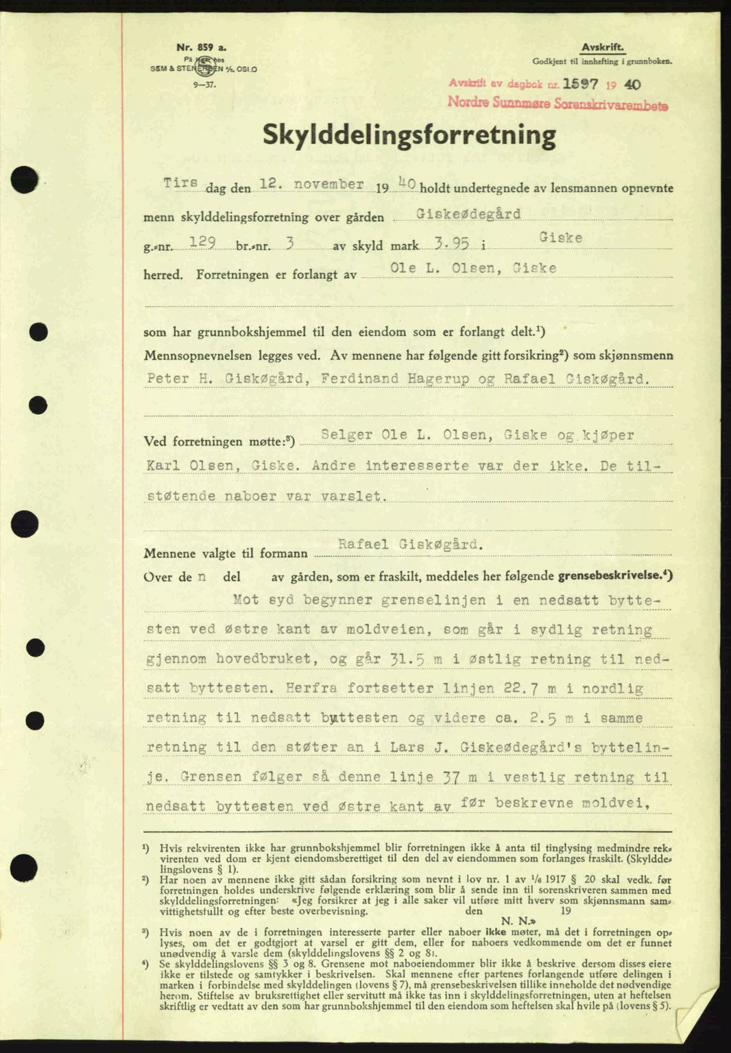 Nordre Sunnmøre sorenskriveri, AV/SAT-A-0006/1/2/2C/2Ca: Mortgage book no. A10, 1940-1941, Diary no: : 1597/1940