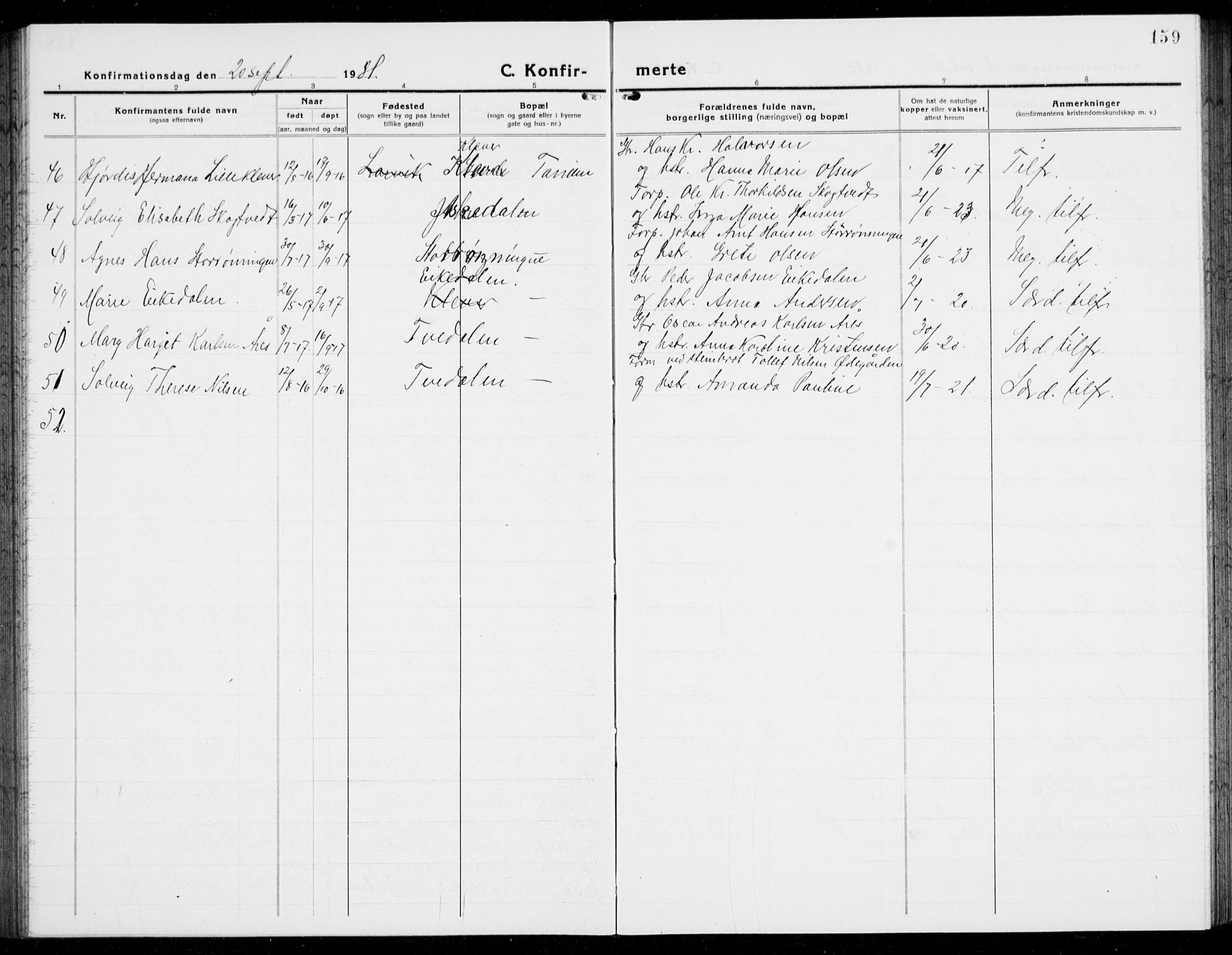 Brunlanes kirkebøker, AV/SAKO-A-342/G/Ga/L0005: Parish register (copy) no. I 5, 1918-1941, p. 159