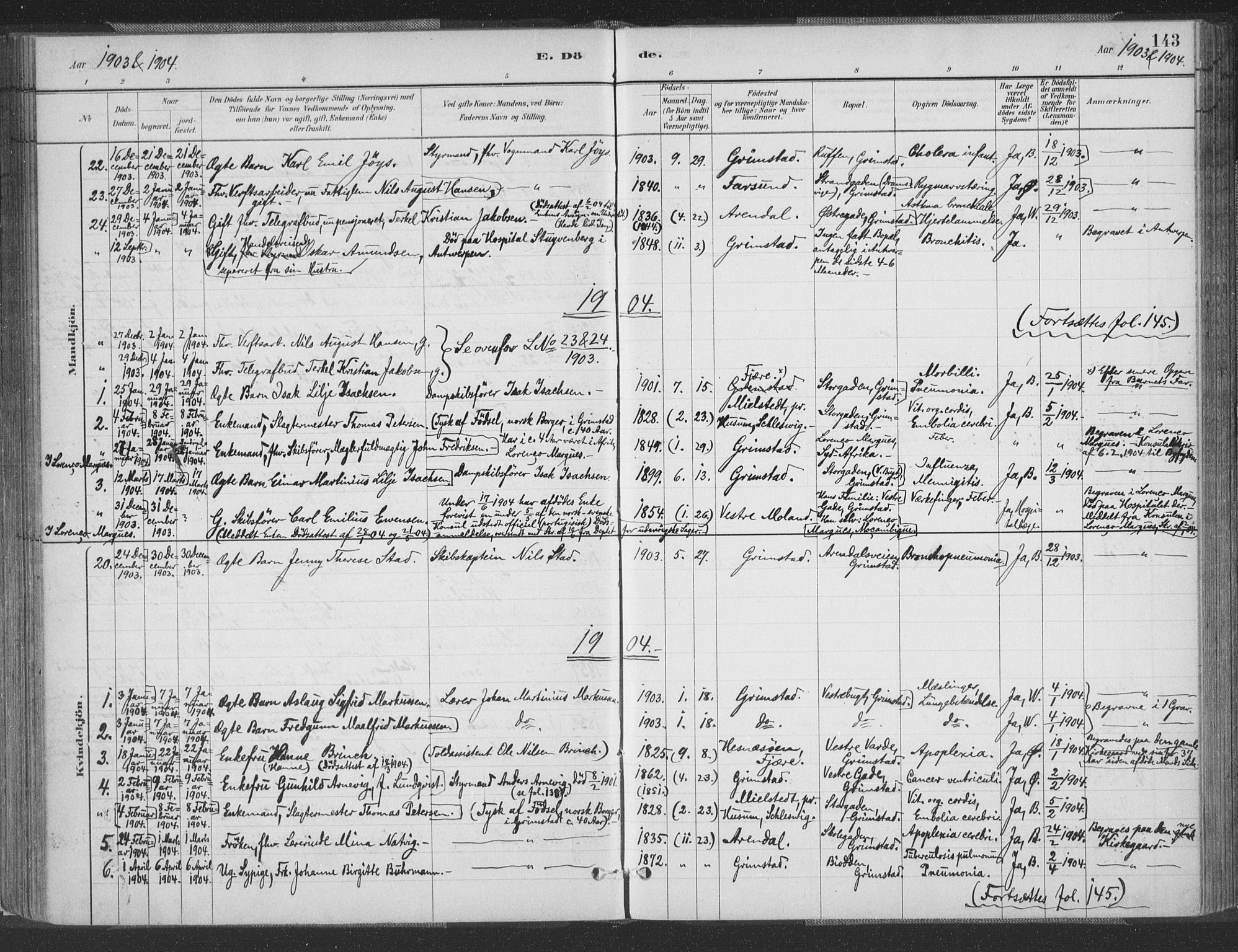 Grimstad sokneprestkontor, SAK/1111-0017/F/Fa/L0004: Parish register (official) no. A 3, 1882-1910, p. 143