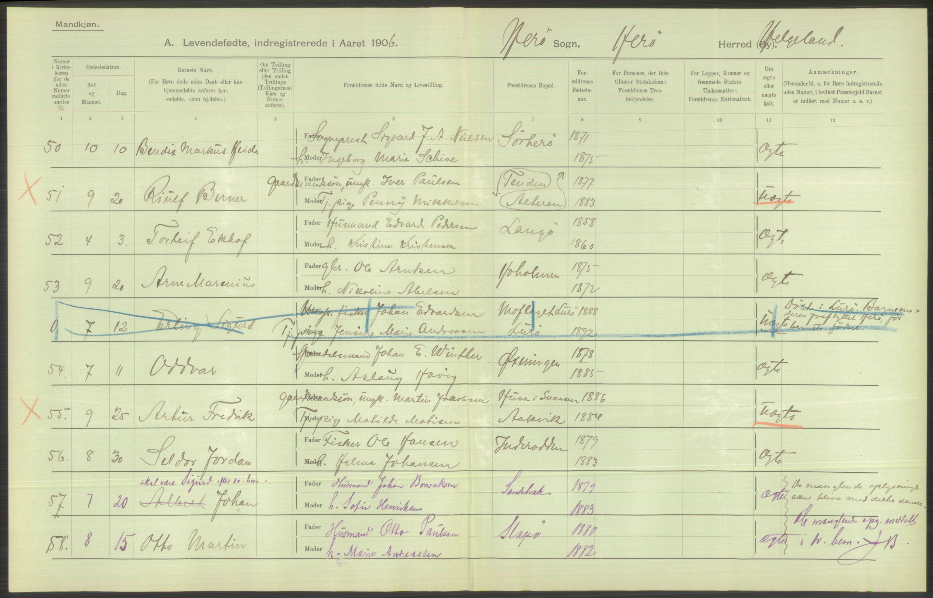 Statistisk sentralbyrå, Sosiodemografiske emner, Befolkning, AV/RA-S-2228/D/Df/Dfa/Dfad/L0043: Nordlands amt: Levendefødte menn og kvinner. Bygder., 1906, p. 94