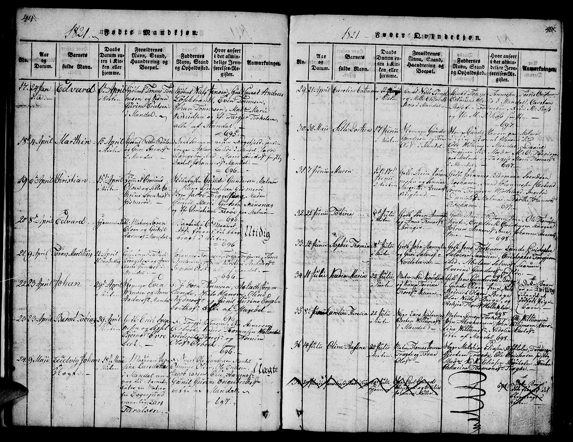 Mandal sokneprestkontor, SAK/1111-0030/F/Fb/Fba/L0001: Parish register (copy) no. B 1, 1818-1830, p. 44-45