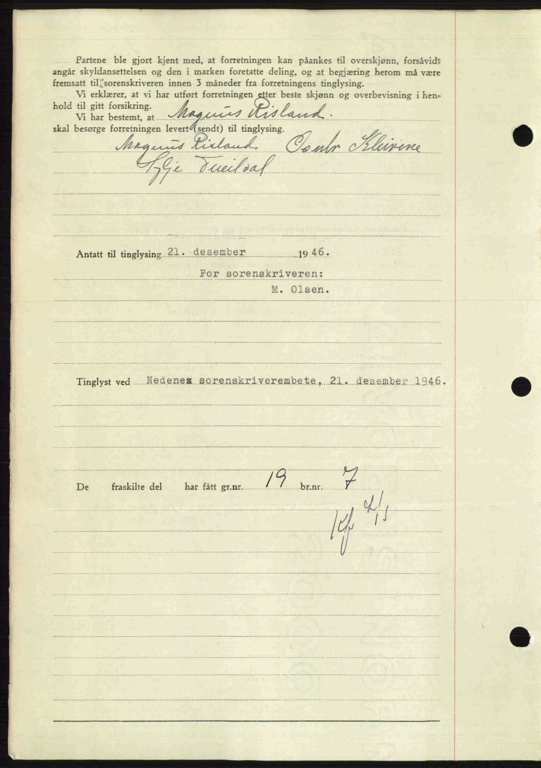 Nedenes sorenskriveri, AV/SAK-1221-0006/G/Gb/Gba/L0056: Mortgage book no. A8, 1946-1947, Diary no: : 1676/1946