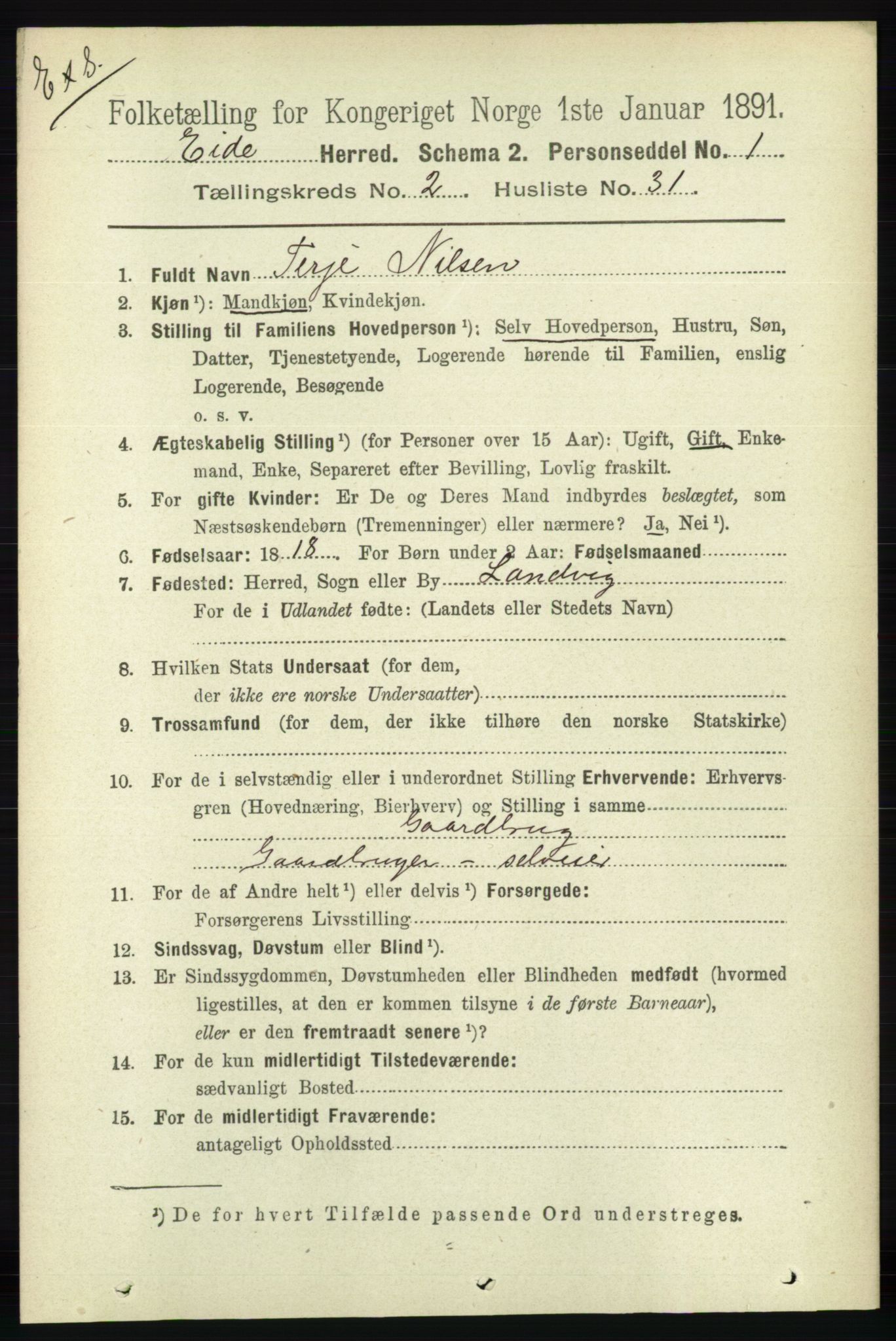 RA, Census 1891 for Nedenes amt: Gjenparter av personsedler for beslektede ektefeller, menn, 1891, p. 786