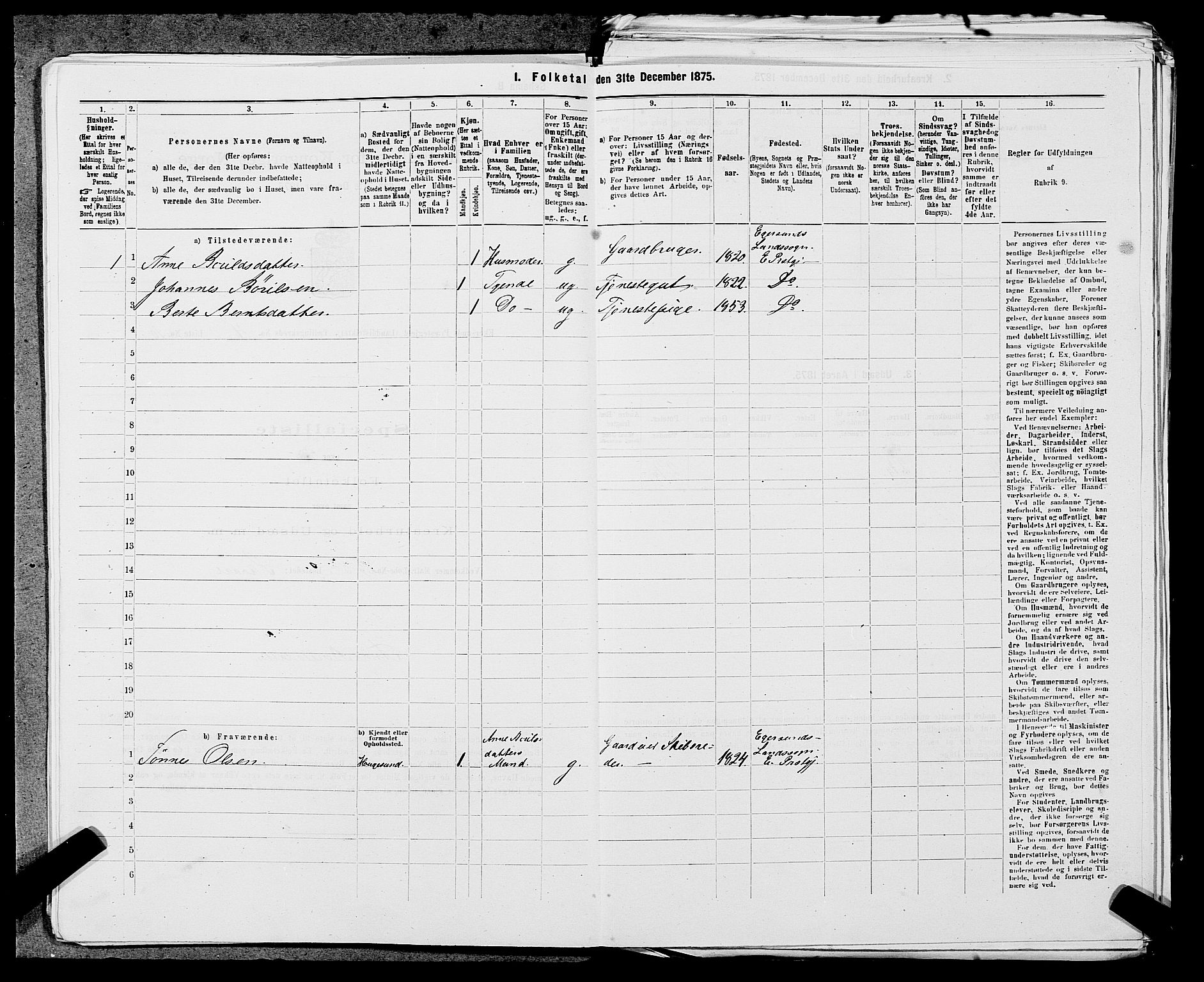 SAST, 1875 census for 1116L Eigersund/Eigersund og Ogna, 1875, p. 412