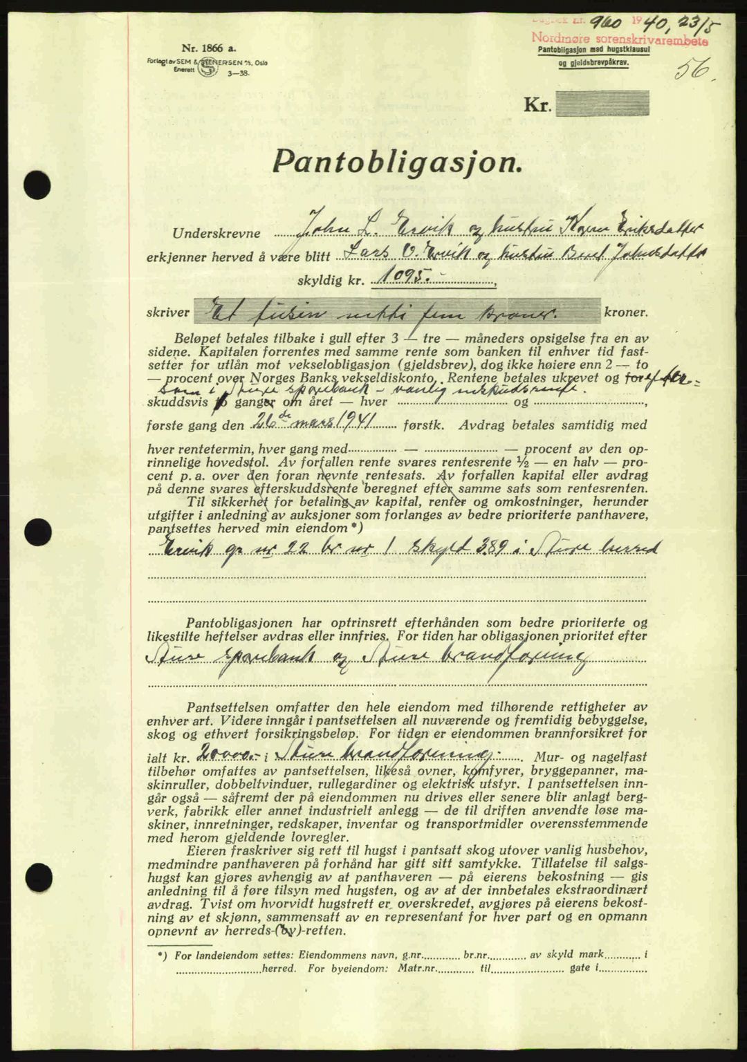 Nordmøre sorenskriveri, AV/SAT-A-4132/1/2/2Ca: Mortgage book no. B87, 1940-1941, Diary no: : 960/1940