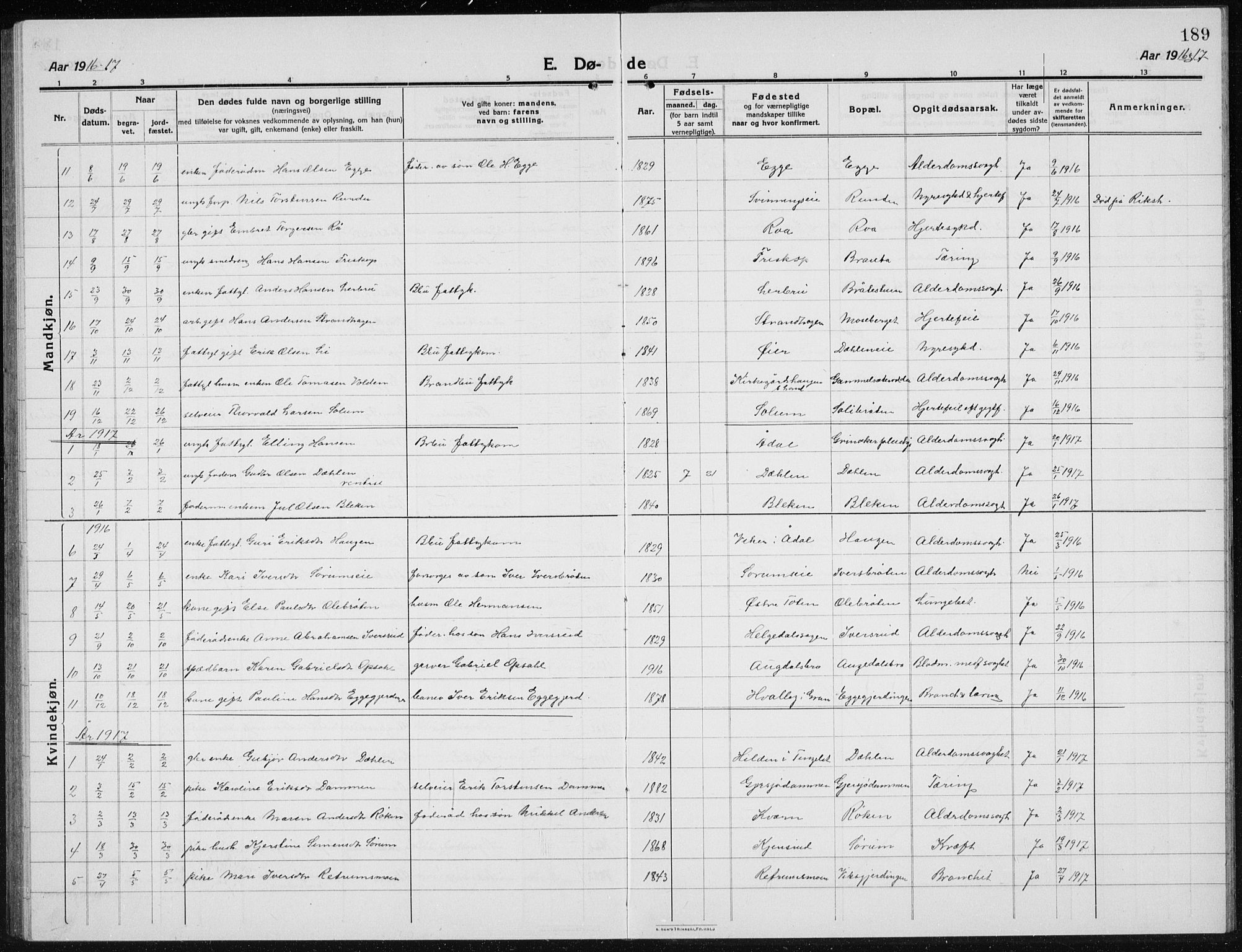 Brandbu prestekontor, SAH/PREST-114/H/Ha/Hab/L0001: Parish register (copy) no. 1, 1914-1937, p. 189