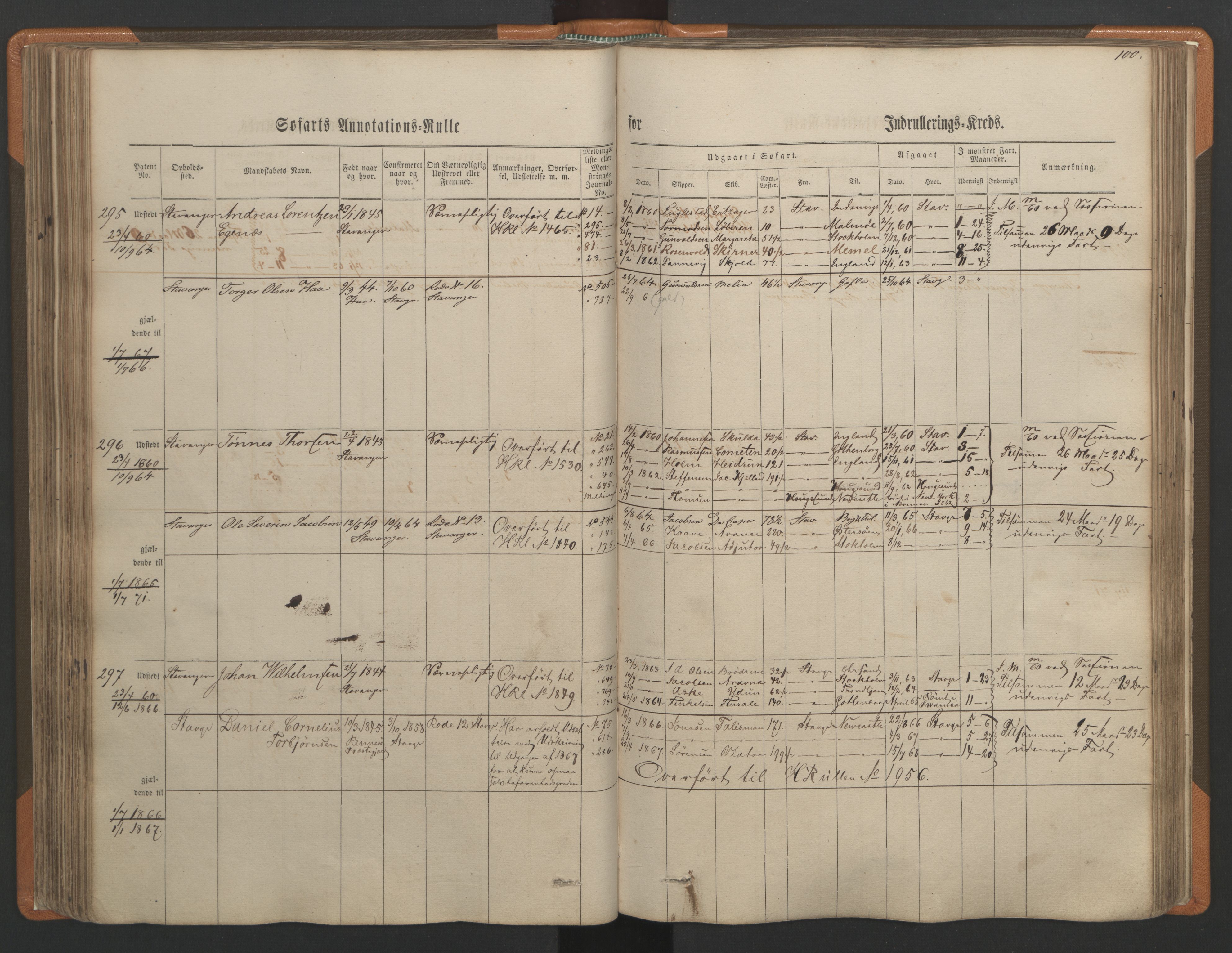 Stavanger sjømannskontor, AV/SAST-A-102006/F/Ff/L0001: Annotasjonsrulle, patentnr. 1-597 (del 1), 1860-1864, p. 109