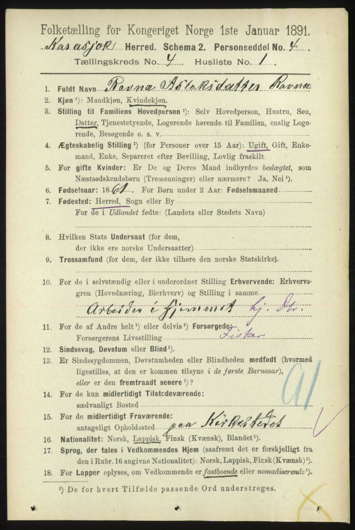 RA, 1891 census for 2021 Karasjok, 1891, p. 696