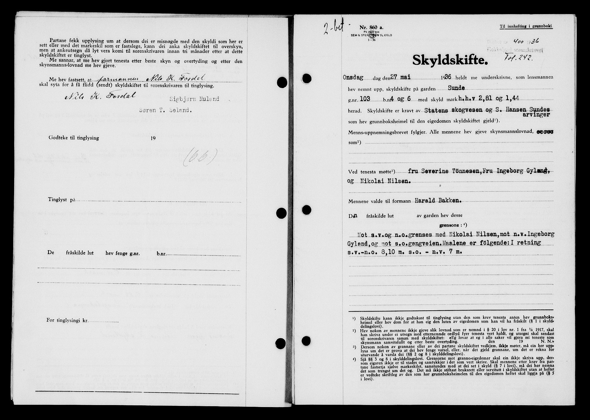 Flekkefjord sorenskriveri, SAK/1221-0001/G/Gb/Gba/L0053: Mortgage book no. A-1, 1936-1937, Diary no: : 400/1936