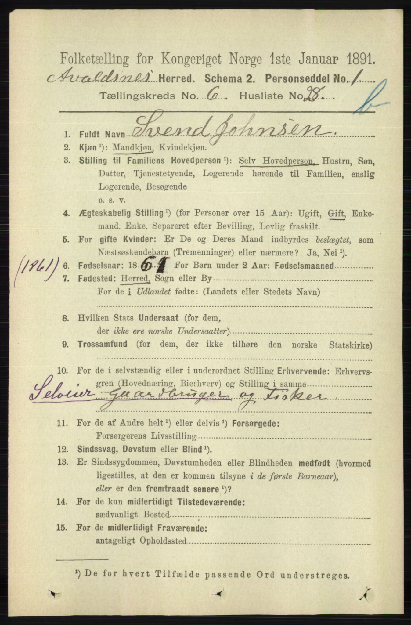RA, 1891 census for 1147 Avaldsnes, 1891, p. 3392
