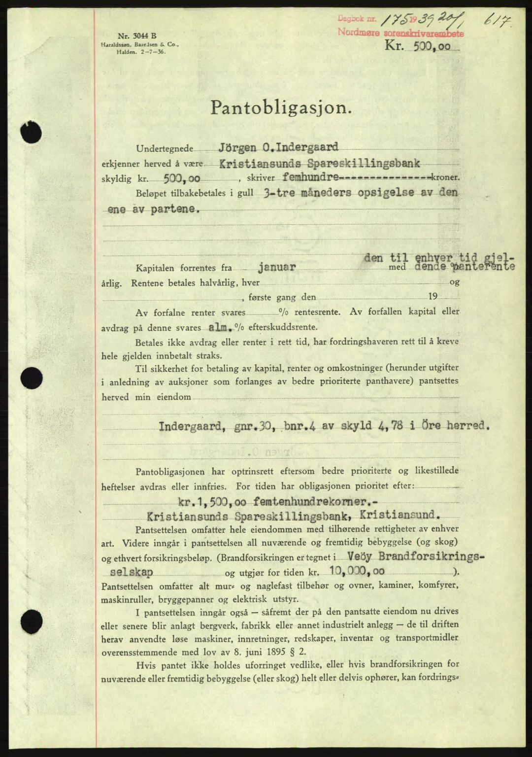 Nordmøre sorenskriveri, SAT/A-4132/1/2/2Ca: Mortgage book no. B84, 1938-1939, Diary no: : 175/1939
