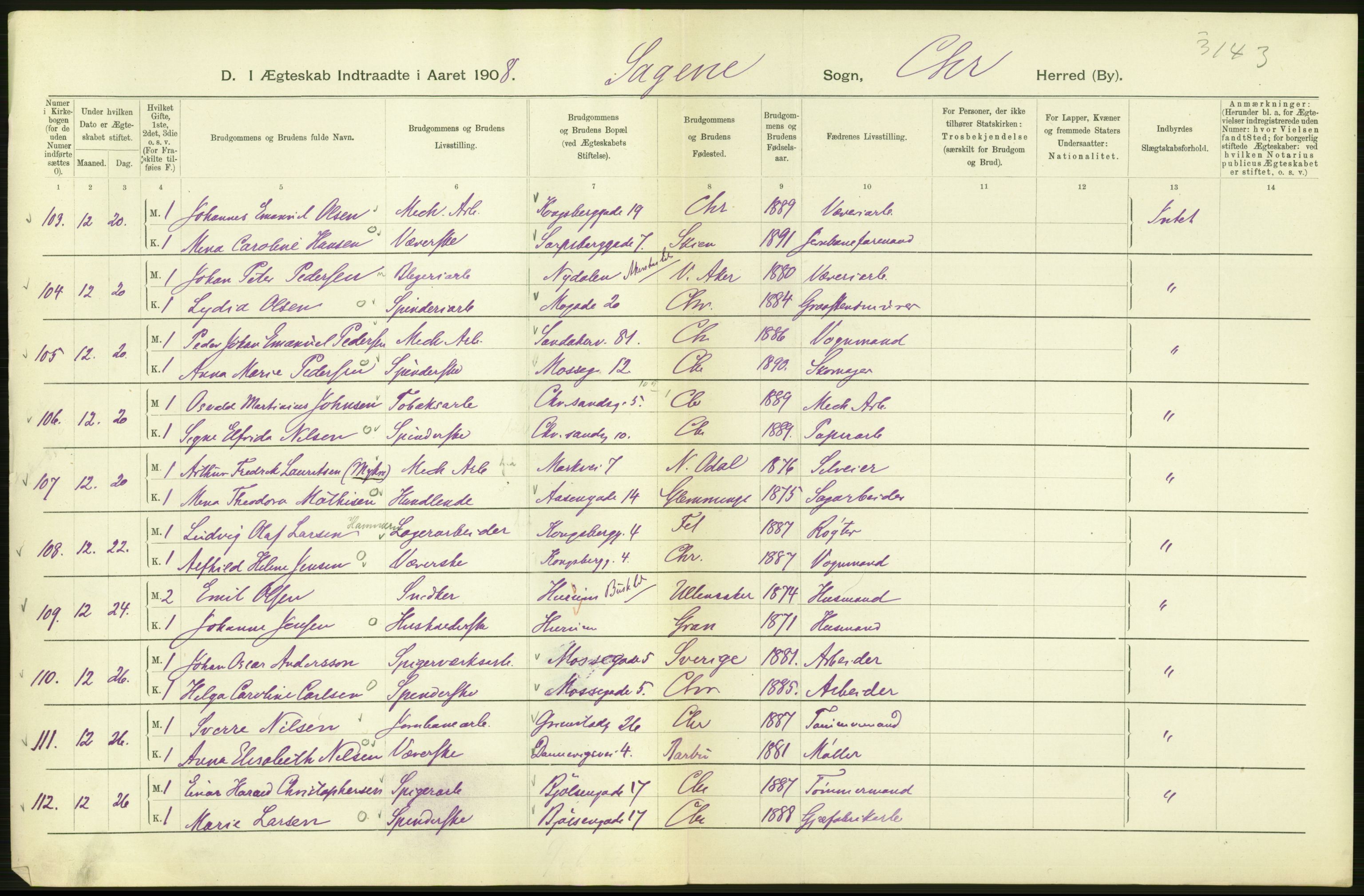 Statistisk sentralbyrå, Sosiodemografiske emner, Befolkning, AV/RA-S-2228/D/Df/Dfa/Dfaf/L0007: Kristiania: Gifte, 1908, p. 218