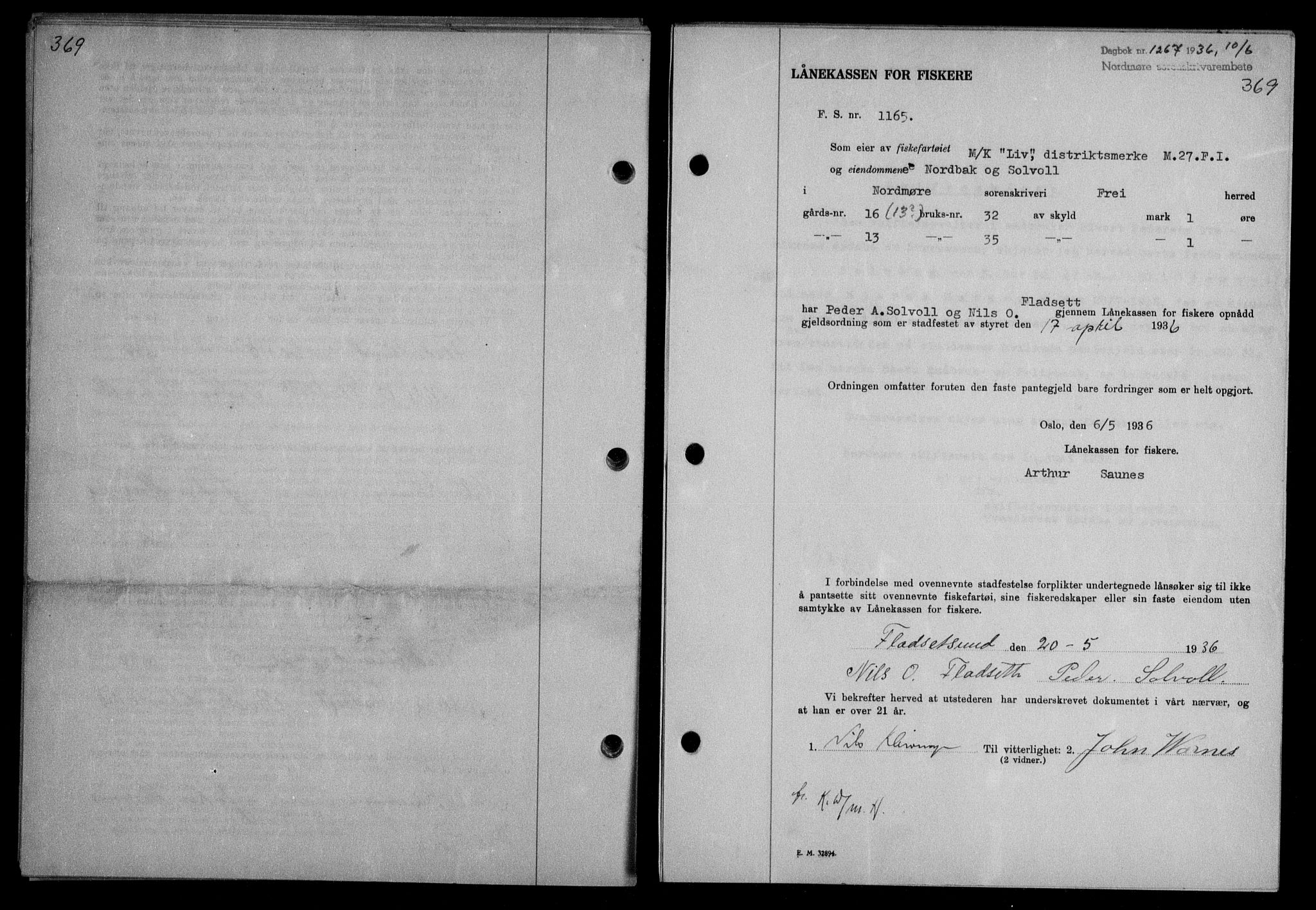 Nordmøre sorenskriveri, AV/SAT-A-4132/1/2/2Ca/L0088: Mortgage book no. 78, 1936-1936, Diary no: : 1267/1936