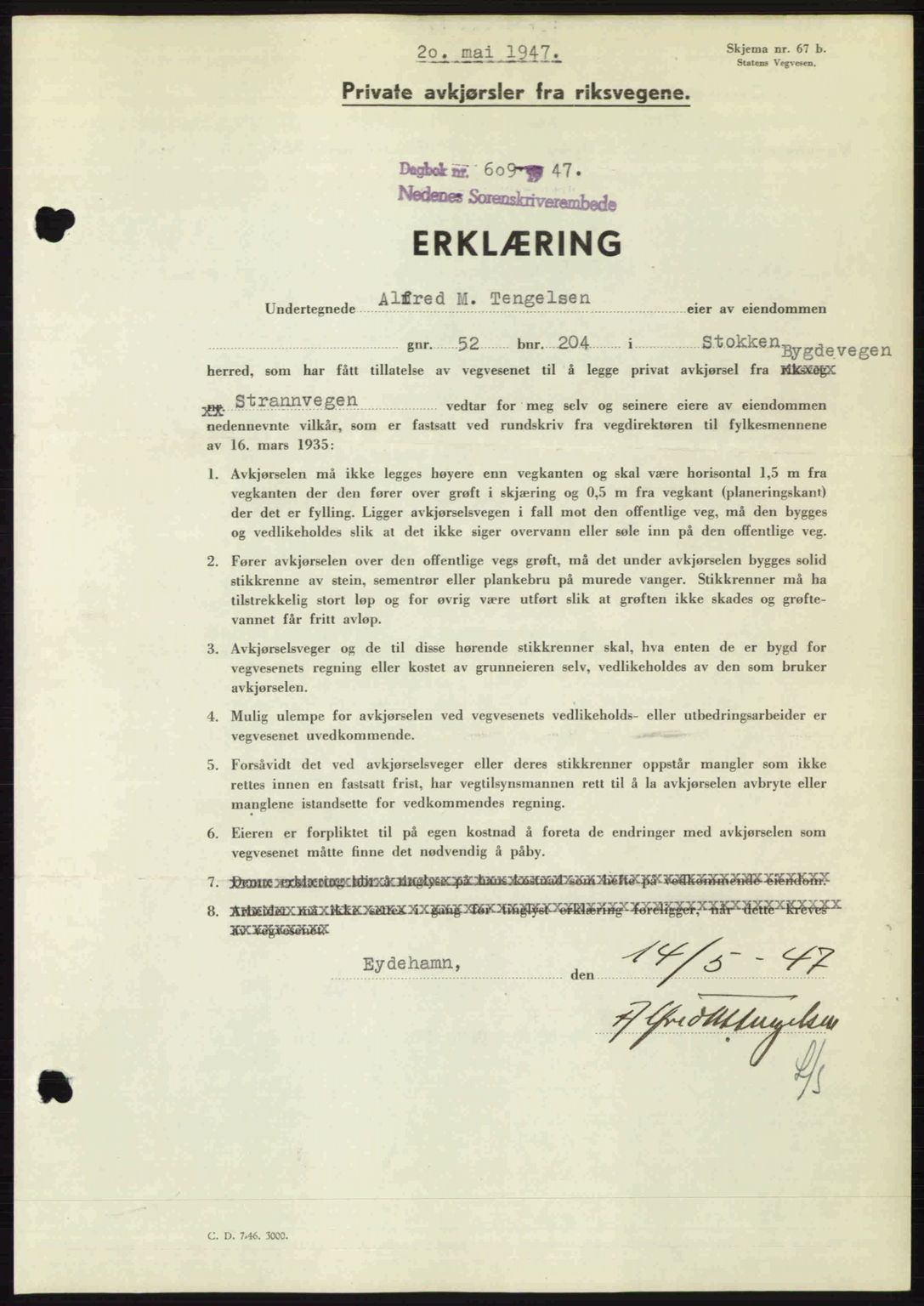 Nedenes sorenskriveri, AV/SAK-1221-0006/G/Gb/Gba/L0057: Mortgage book no. A9, 1947-1947, Diary no: : 609/1947
