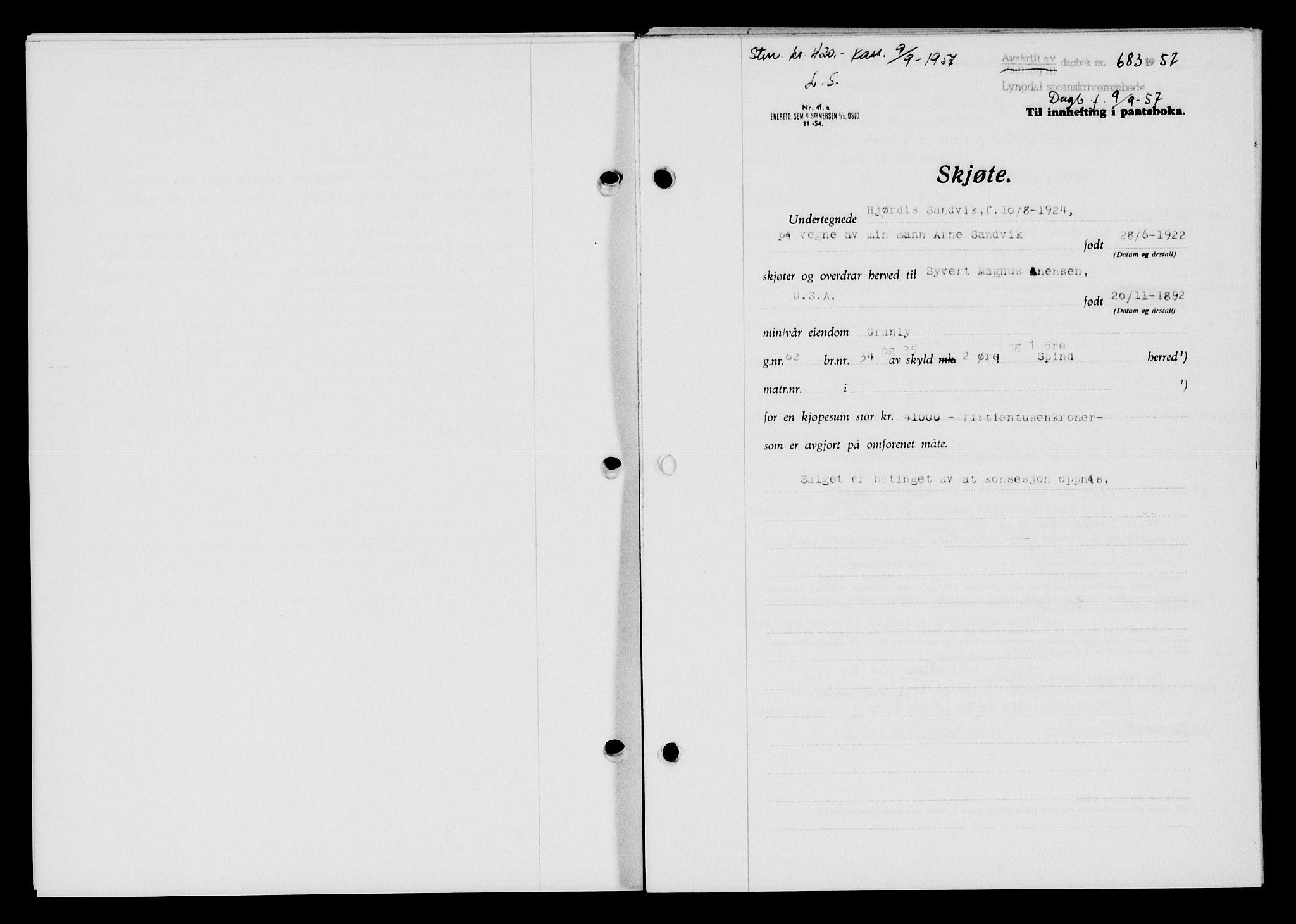 Lyngdal sorenskriveri, AV/SAK-1221-0004/G/Gb/L0676: Mortgage book no. A XXII, 1957-1957, Diary no: : 683/1957