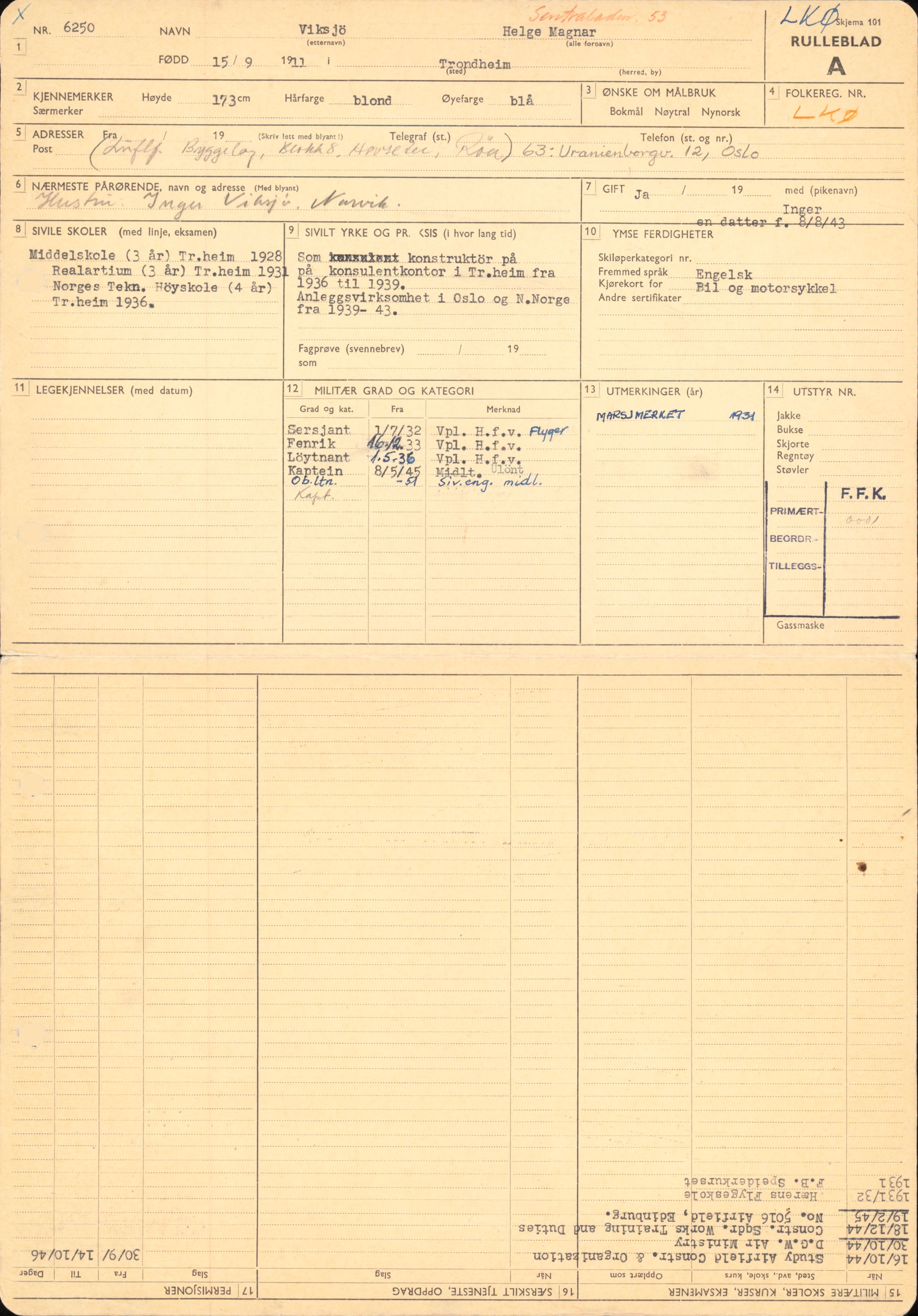 Forsvaret, Forsvarets overkommando/Luftforsvarsstaben, AV/RA-RAFA-4079/P/Pa/L0028: Personellpapirer, 1911, p. 280