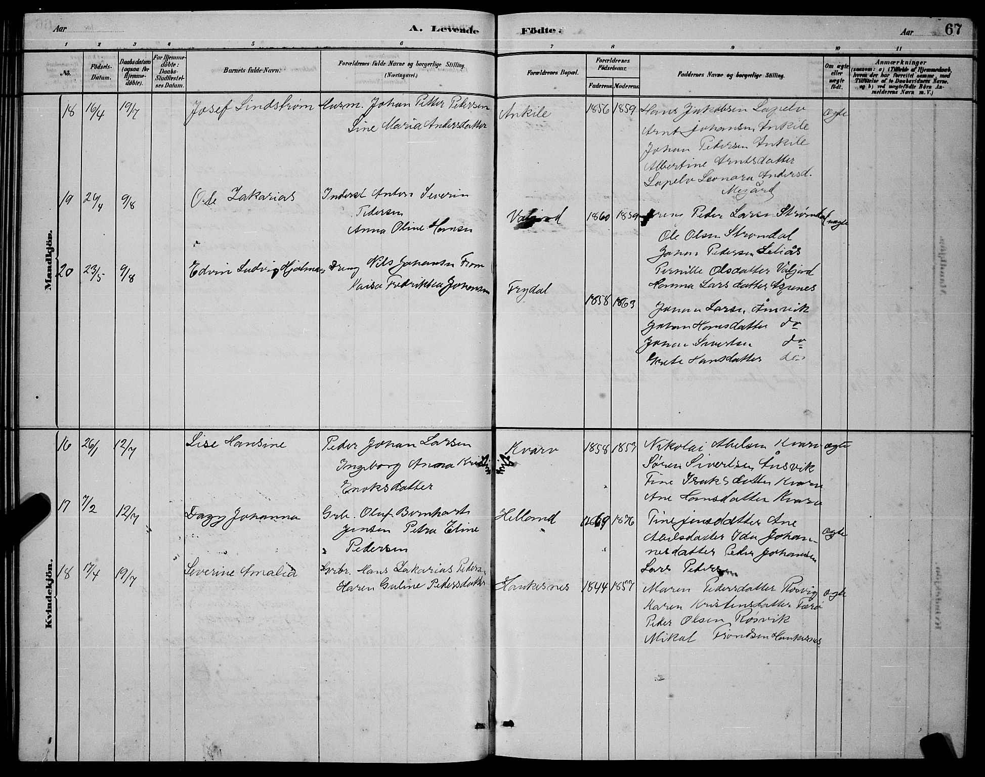 Ministerialprotokoller, klokkerbøker og fødselsregistre - Nordland, AV/SAT-A-1459/853/L0772: Parish register (official) no. 853A11, 1881-1900, p. 67