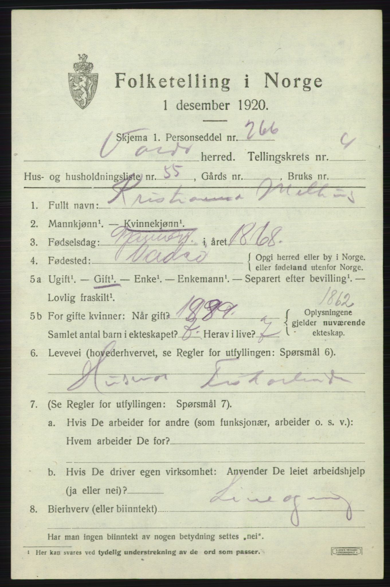 SATØ, 1920 census for Vardø rural district, 1920, p. 2560