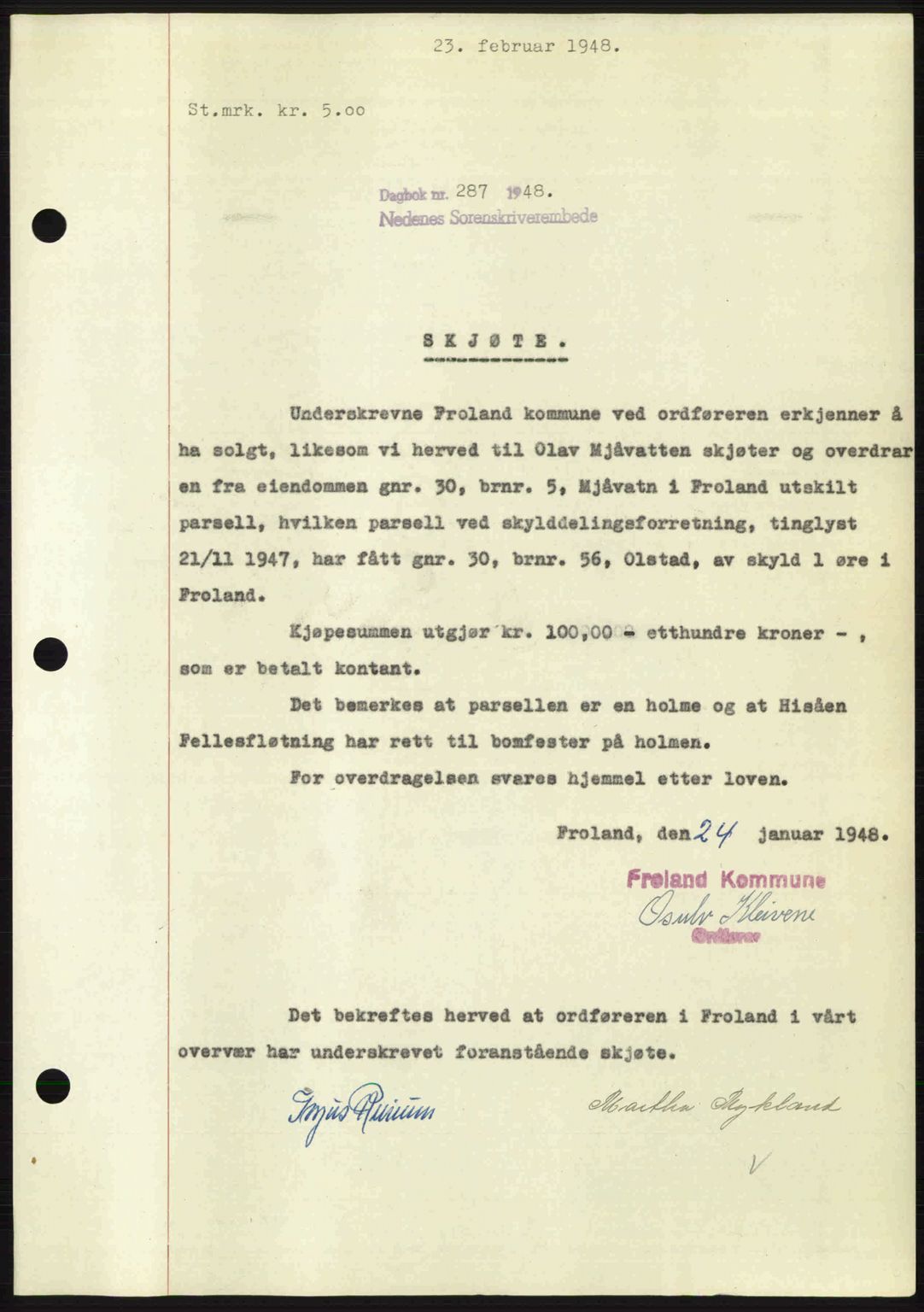 Nedenes sorenskriveri, AV/SAK-1221-0006/G/Gb/Gba/L0058: Mortgage book no. A10, 1947-1948, Diary no: : 287/1948